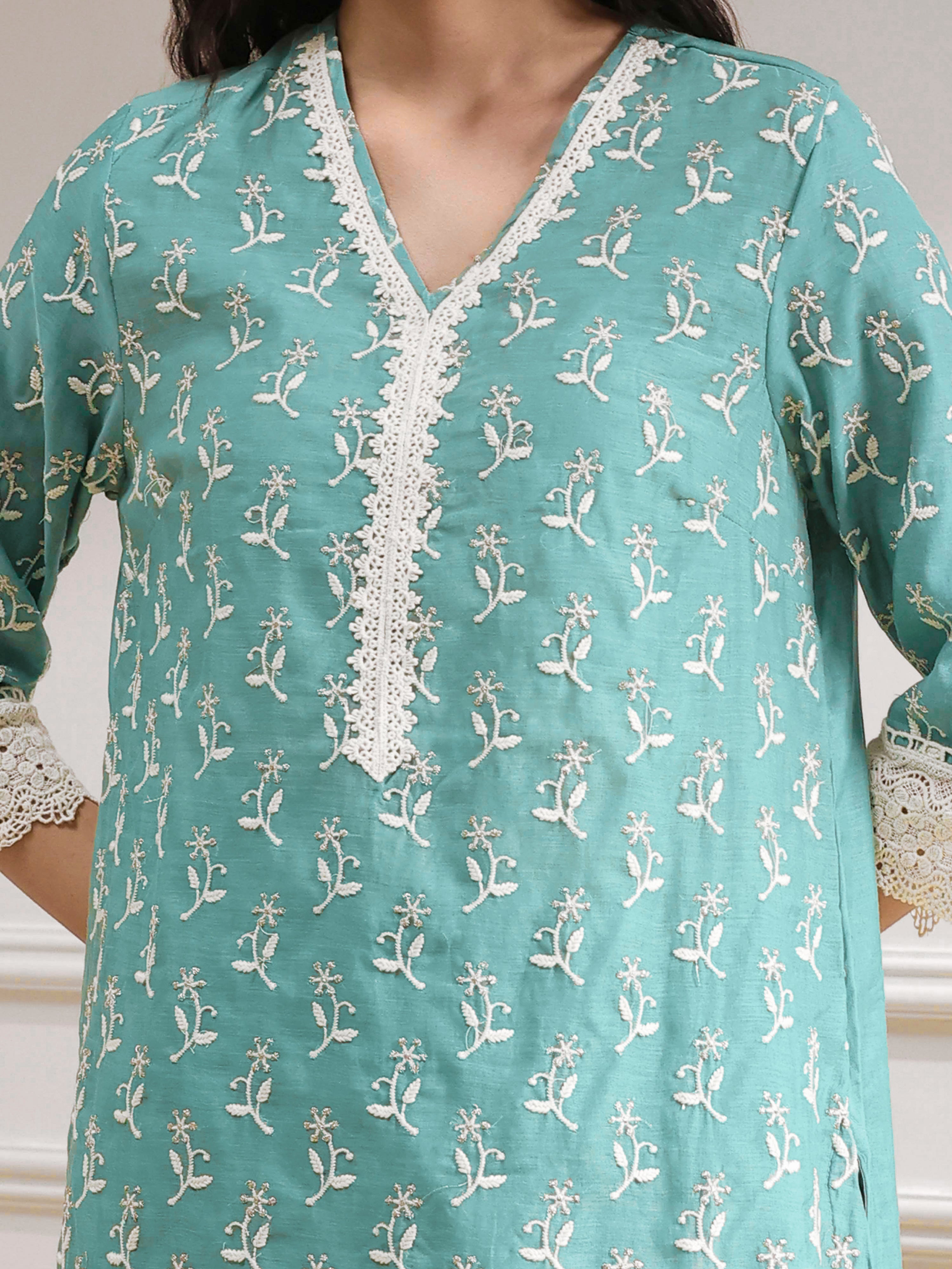 Turquoise Cotton Silk Embroidery Work Salwar Suit Dupatta