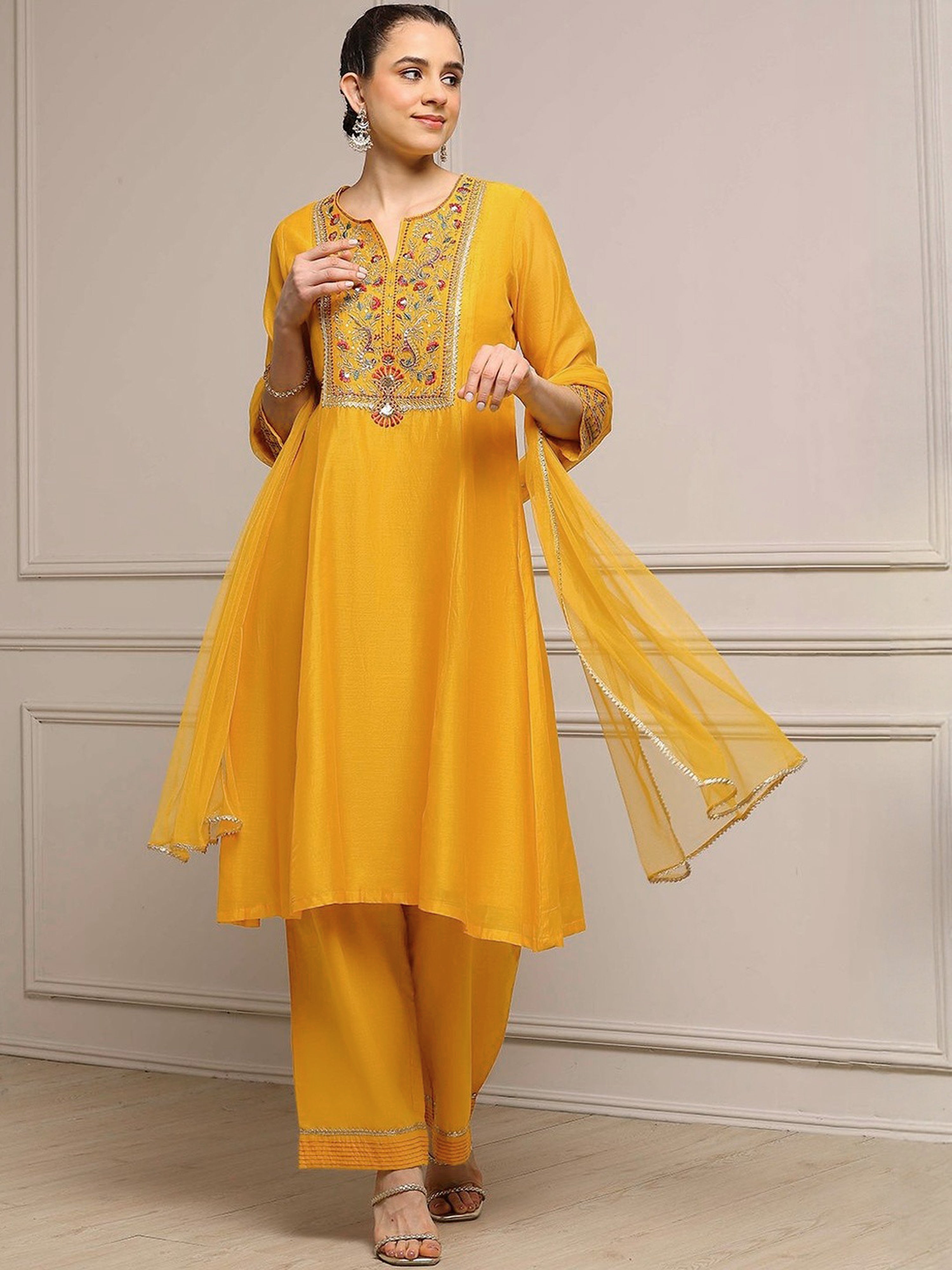 Yellow Cotton Silk Embroidery Sequence Work Kurta Pant Dupatta Set