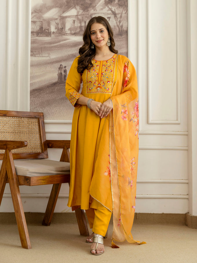 Yellow Cotton Silk Embroidery Sequence Work Kurta Pant Dupatta Set