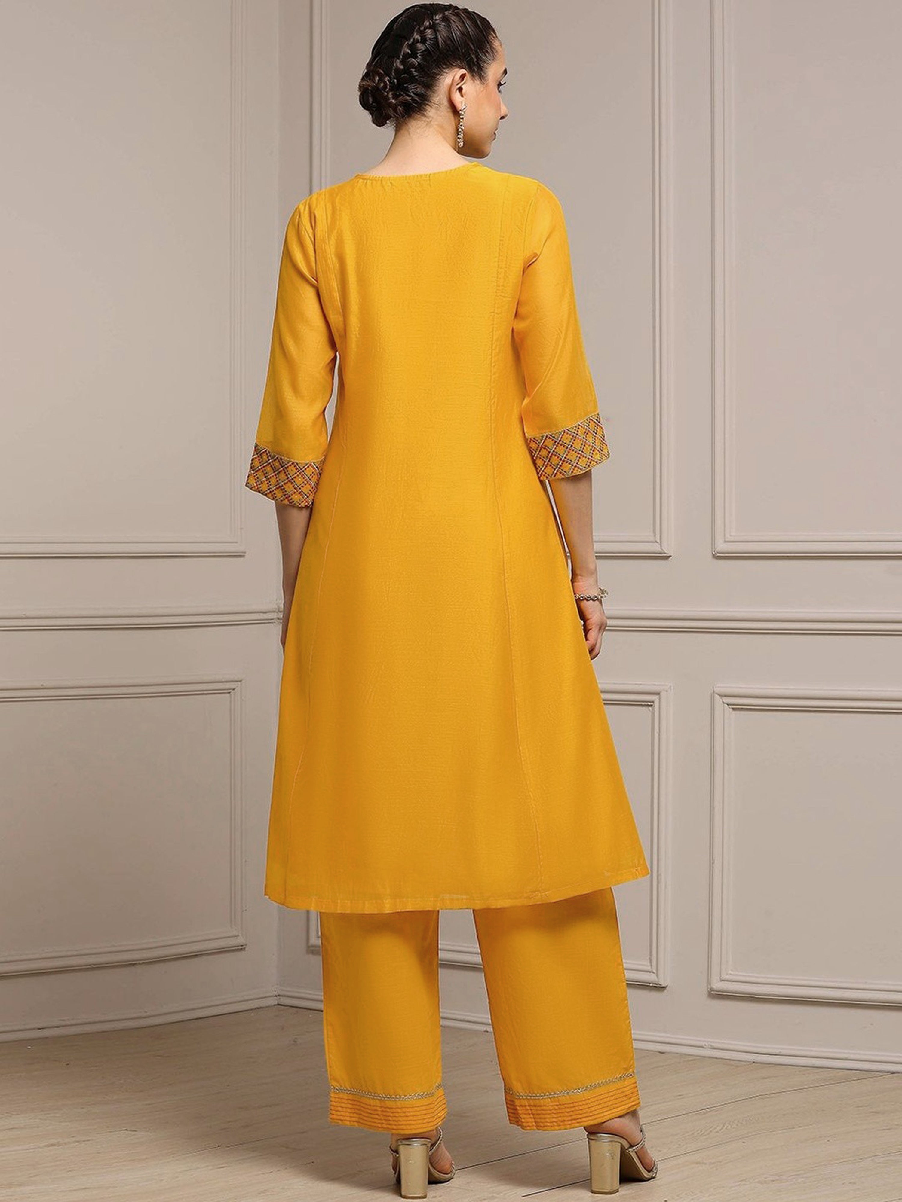 Yellow Cotton Silk Embroidery Sequence Work Kurta Pant Dupatta Set