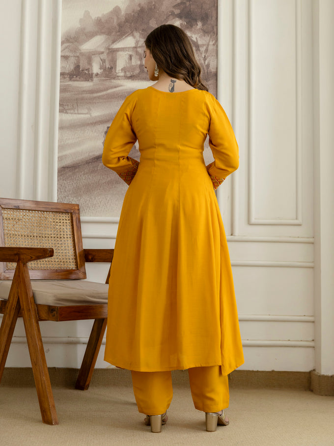 Yellow Cotton Silk Embroidery Sequence Work Kurta Pant Dupatta Set