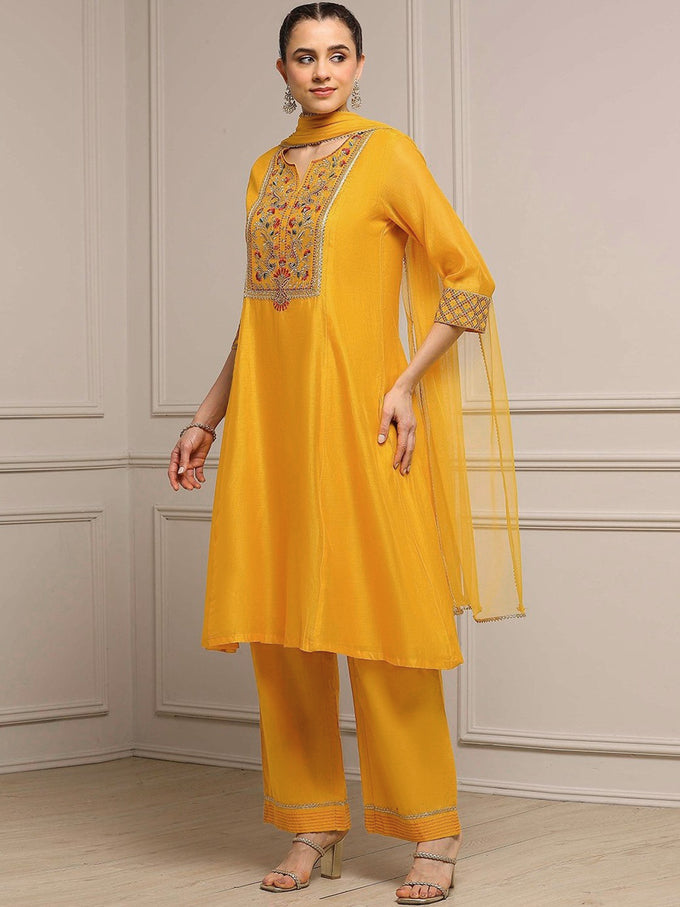 Yellow Cotton Silk Embroidery Sequence Work Kurta Pant Dupatta Set
