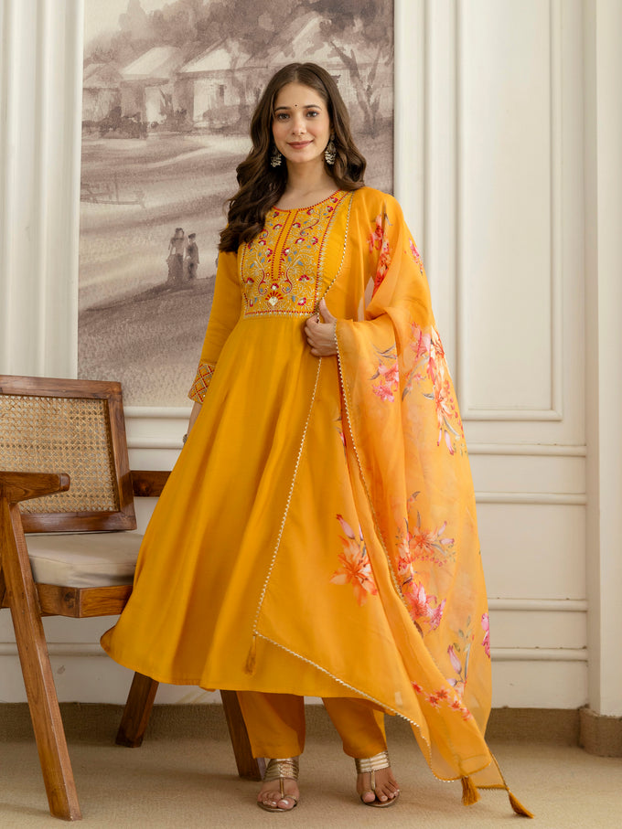 Yellow Cotton Silk Embroidery Sequence Work Kurta Pant Dupatta Set