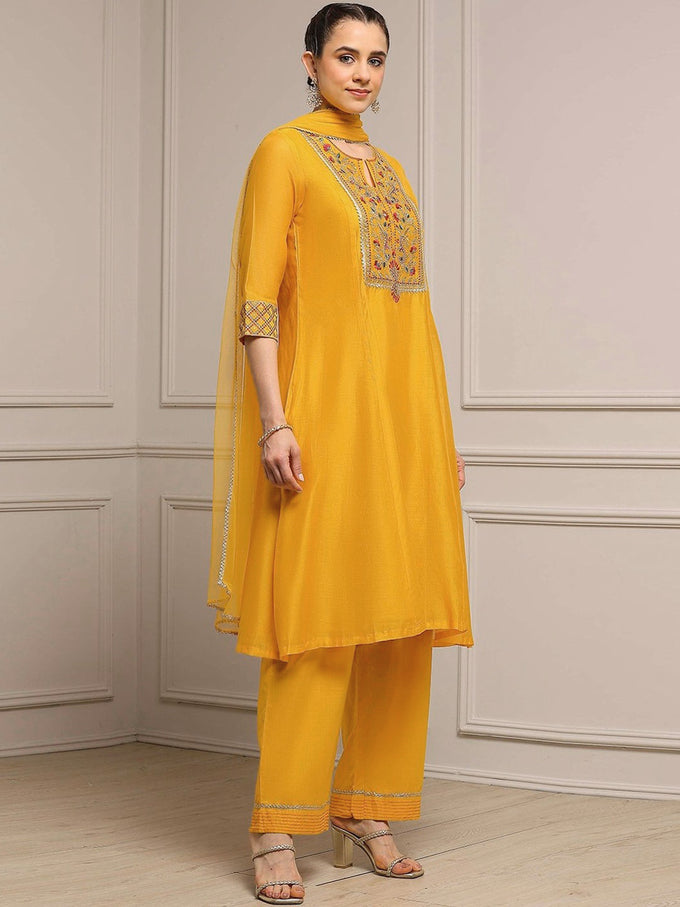 Yellow Cotton Silk Embroidery Sequence Work Kurta Pant Dupatta Set