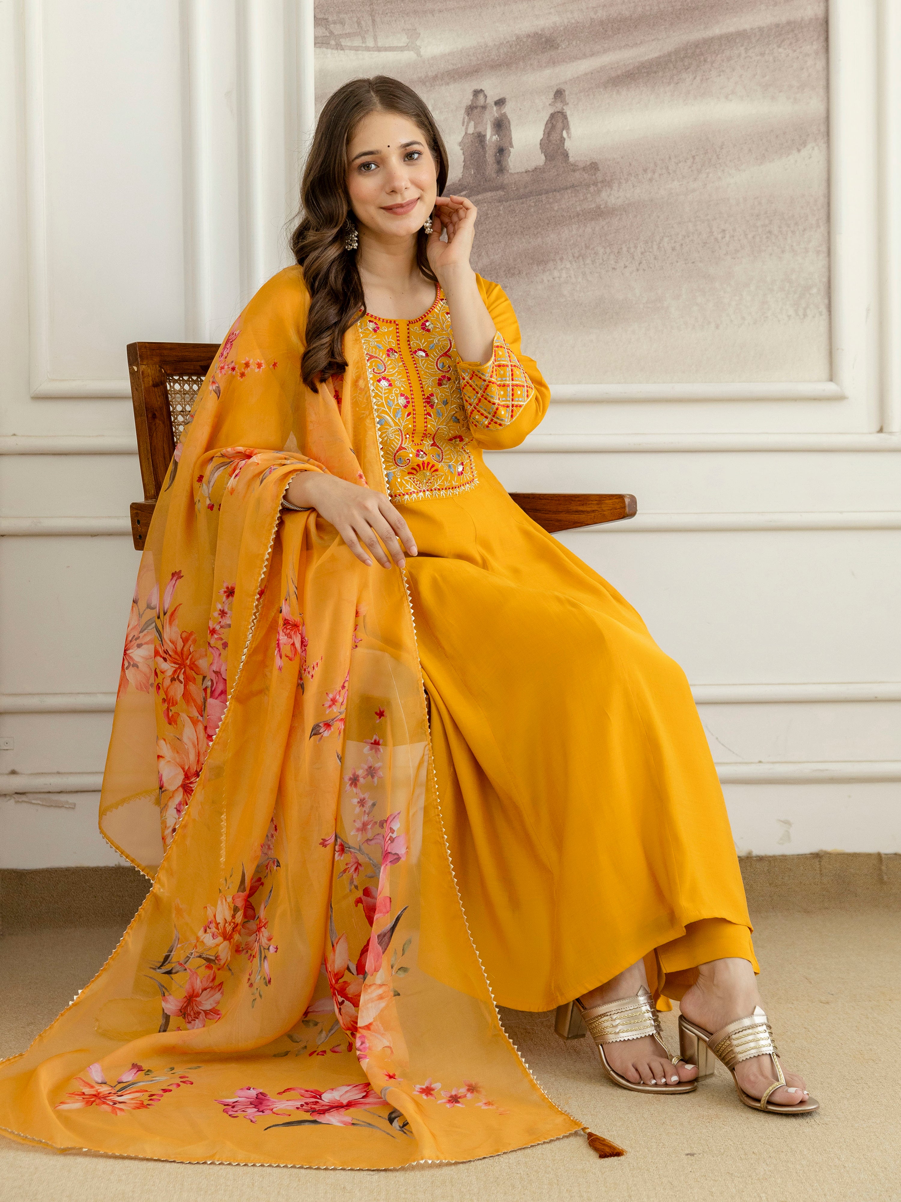 Yellow Cotton Silk Embroidery Sequence Work Kurta Pant Dupatta Set