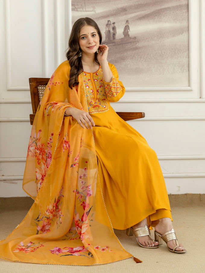 Yellow Cotton Silk Embroidery Sequence Work Kurta Pant Dupatta Set