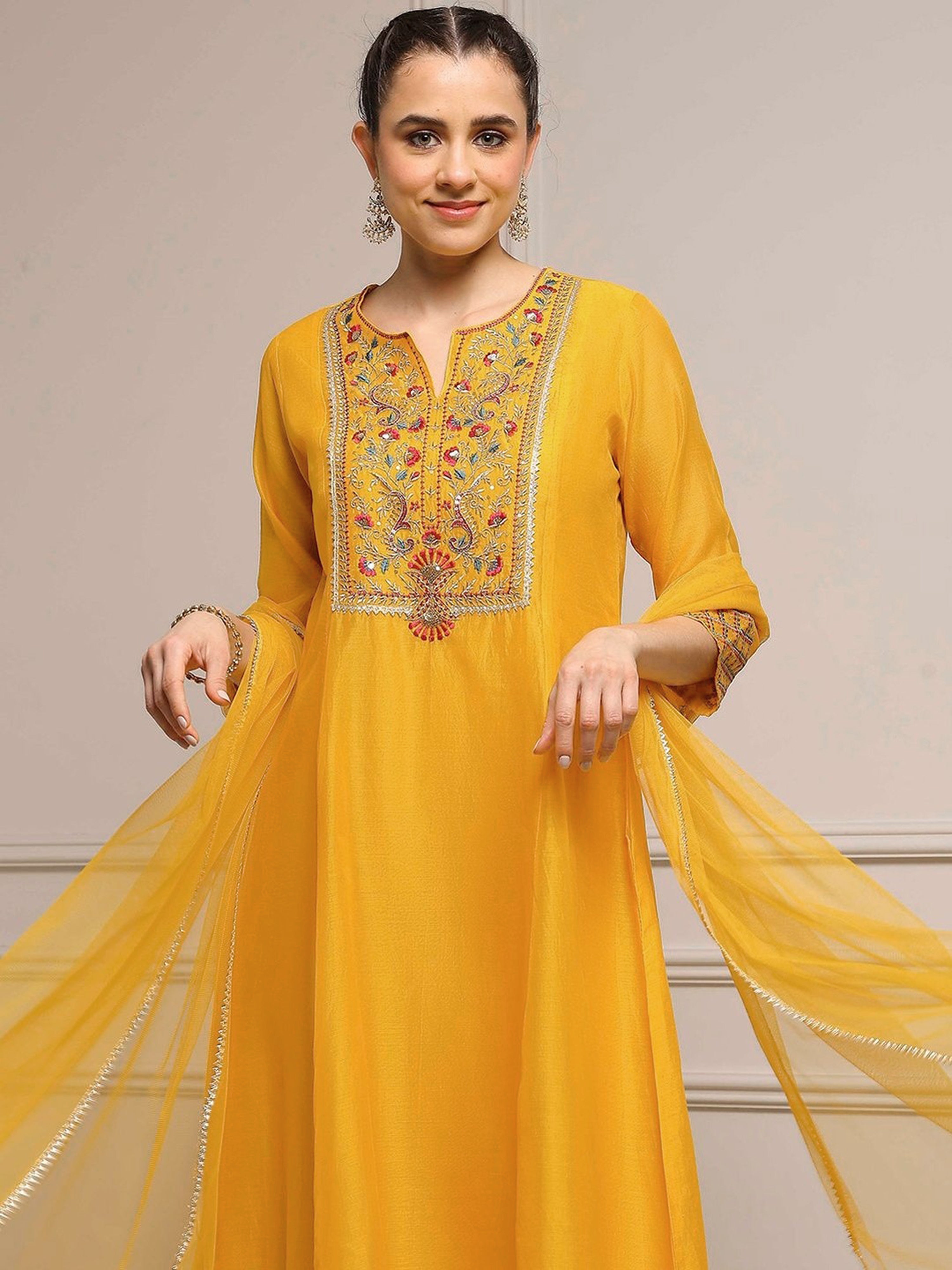 Yellow Cotton Silk Embroidery Sequence Work Kurta Pant Dupatta Set