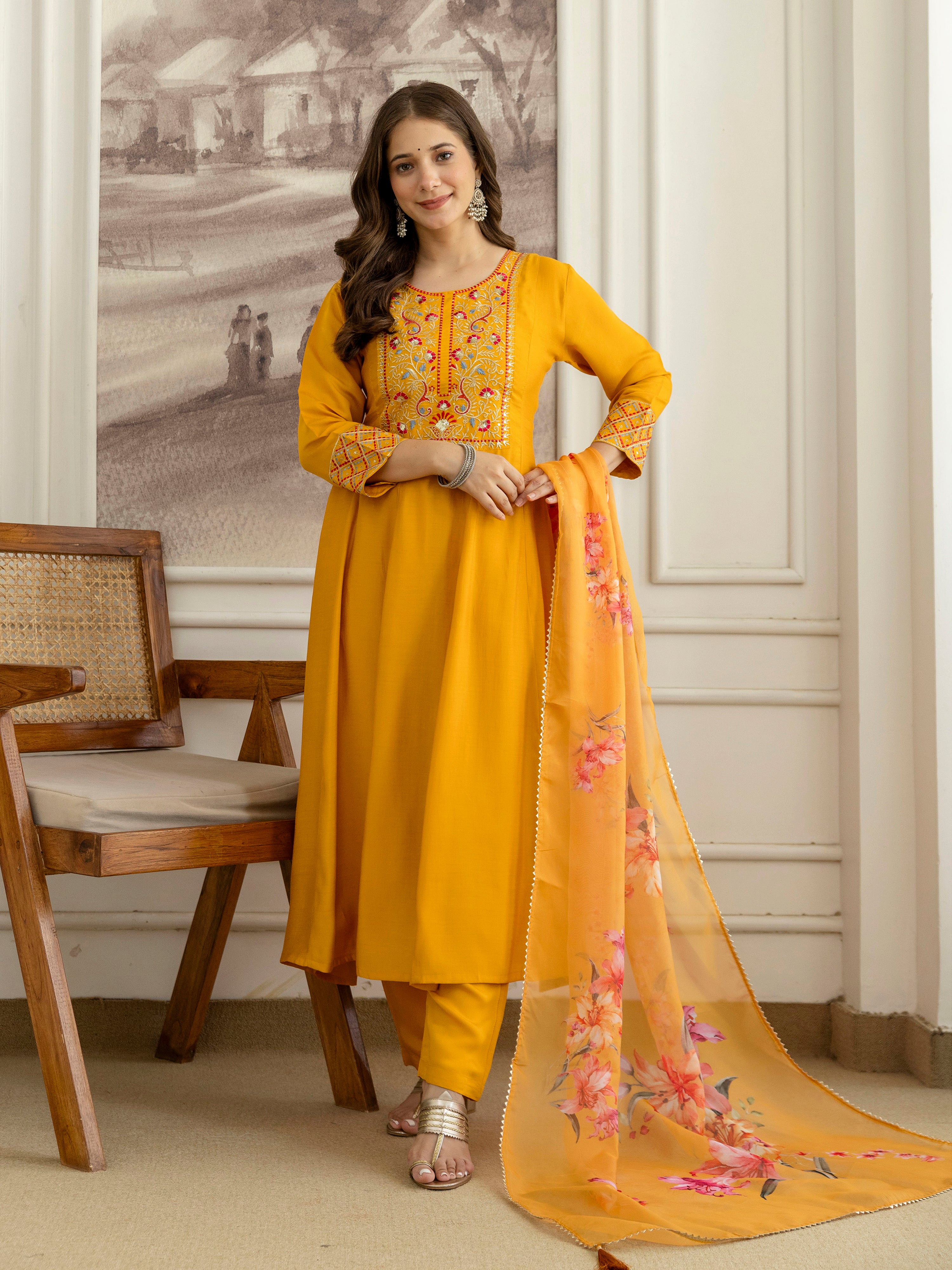 Yellow Cotton Silk Embroidery Sequence Work Kurta Pant Dupatta Set