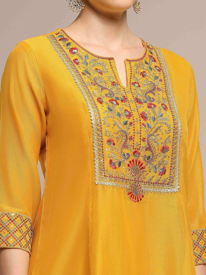 Yellow Cotton Silk Embroidery Sequence Work Kurta Pant Dupatta Set
