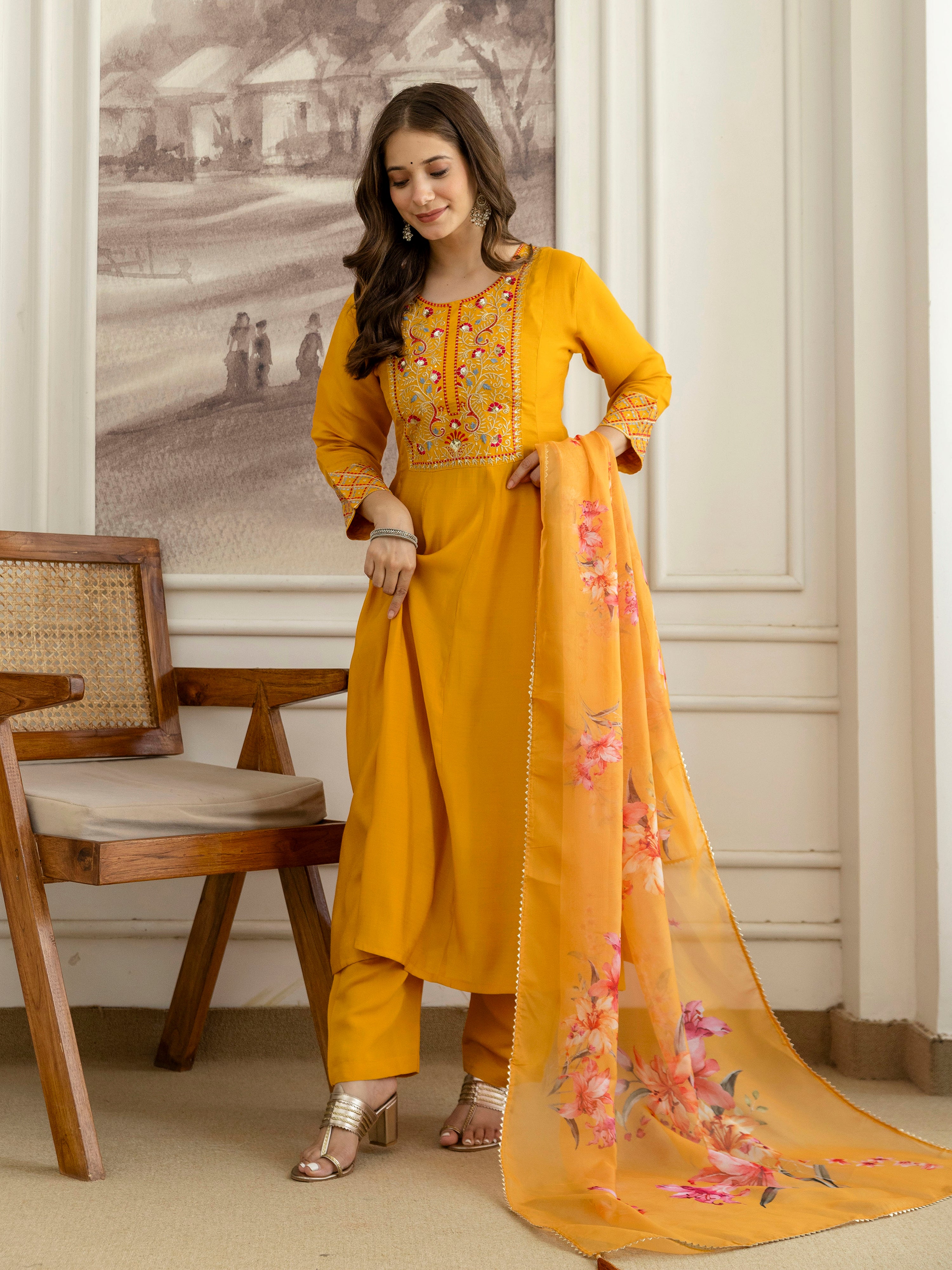 Yellow Cotton Silk Embroidery Sequence Work Kurta Pant Dupatta Set