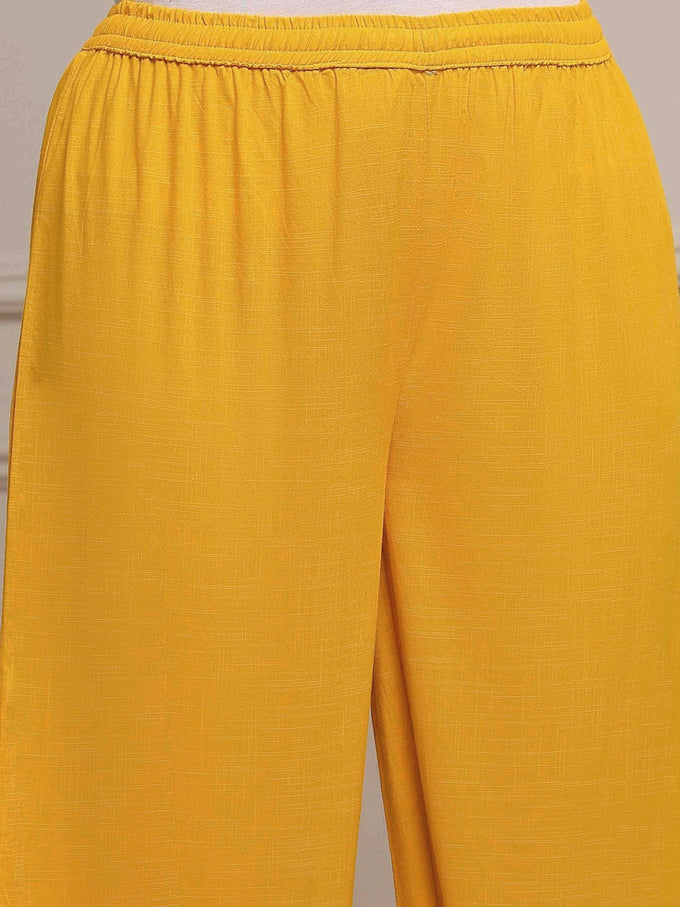 Yellow Cotton Silk Embroidery Sequence Work Kurta Pant Dupatta Set