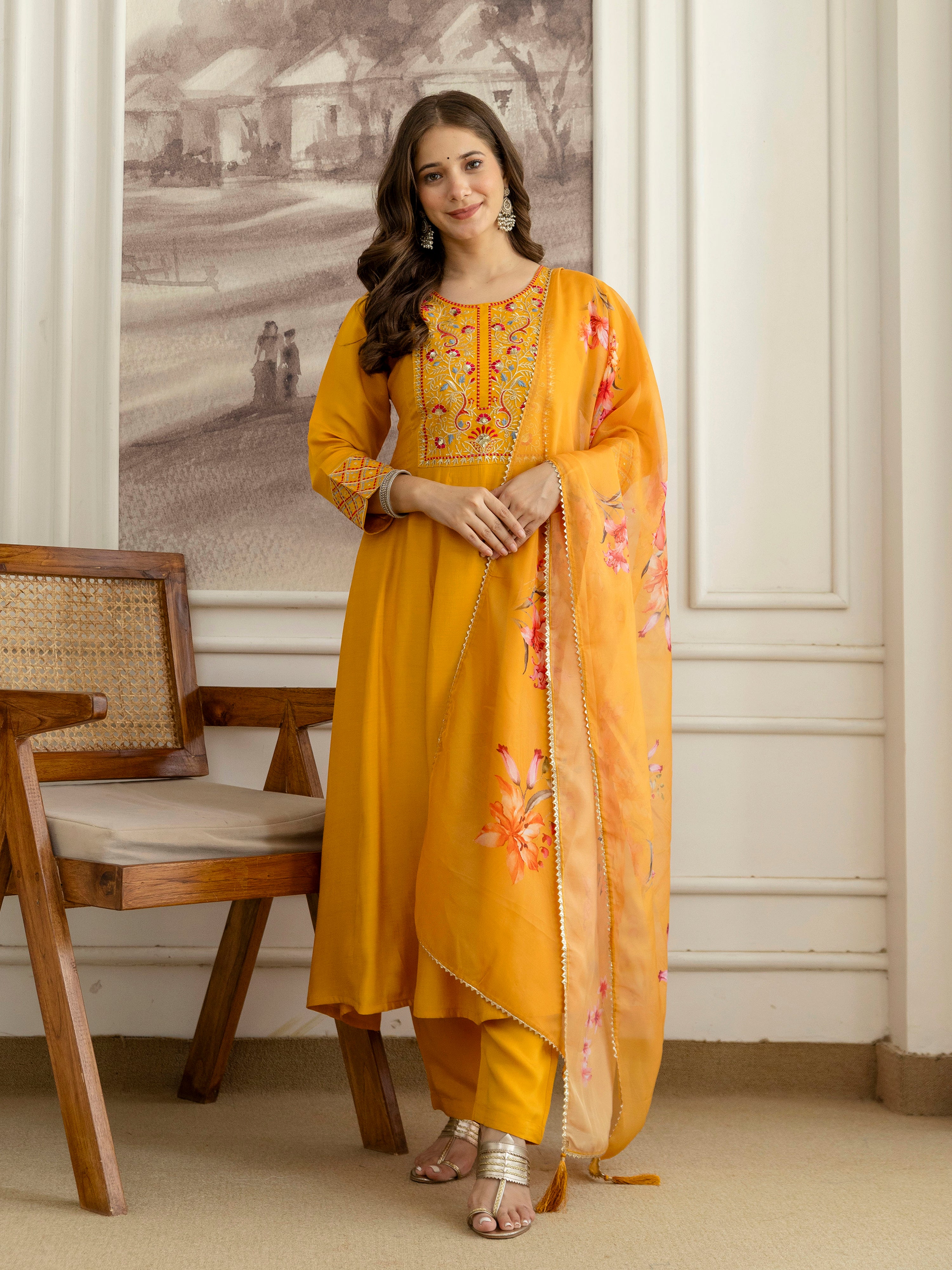 Yellow Cotton Silk Embroidery Sequence Work Kurta Pant Dupatta Set