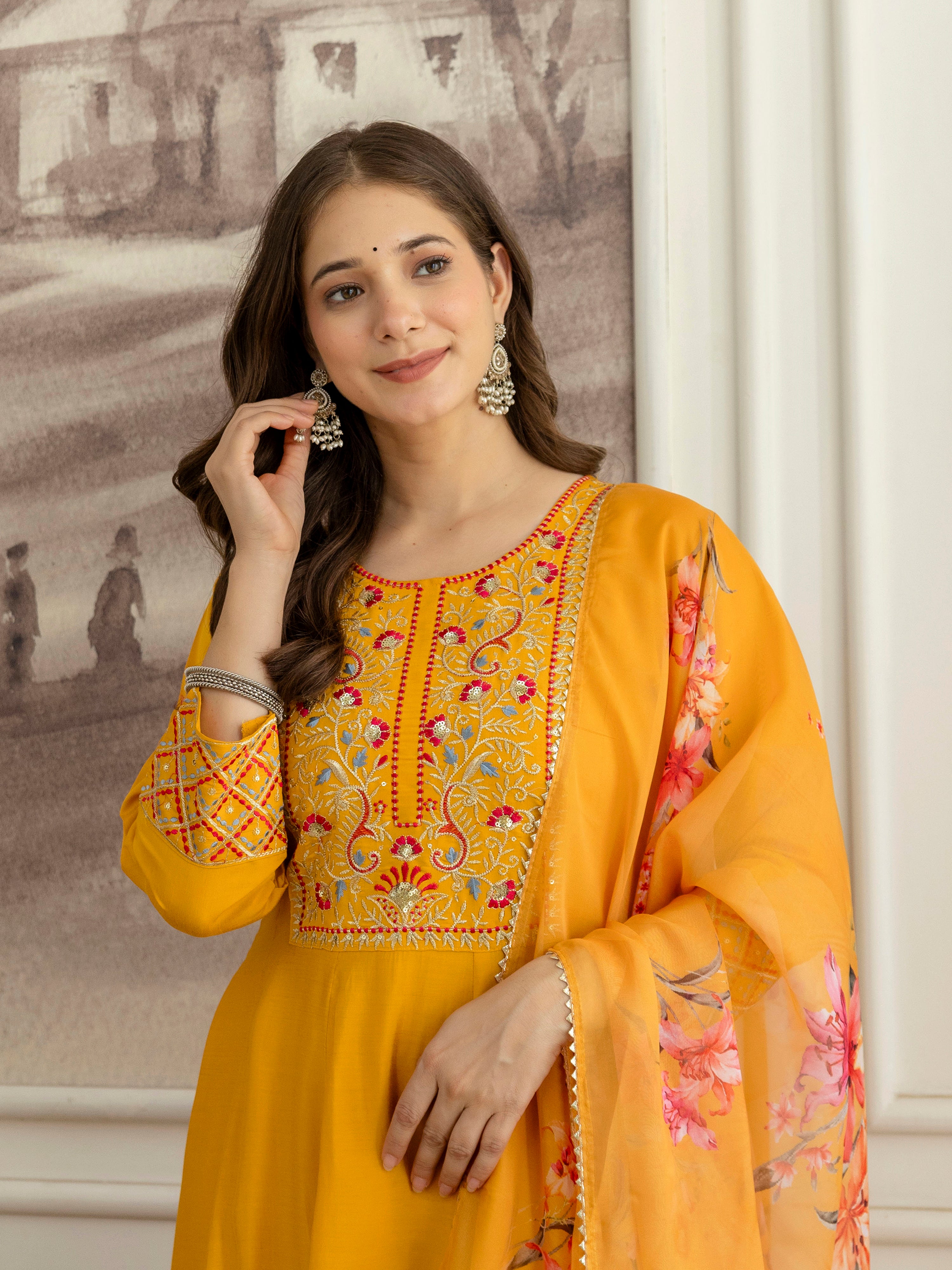 Yellow Cotton Silk Embroidery Sequence Work Kurta Pant Dupatta Set