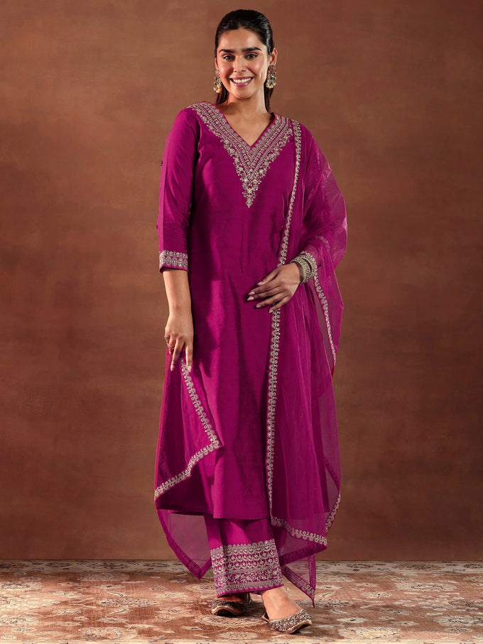 Pink Embroiderey Sequence Work Kurta Pant Dupatta Set For Women