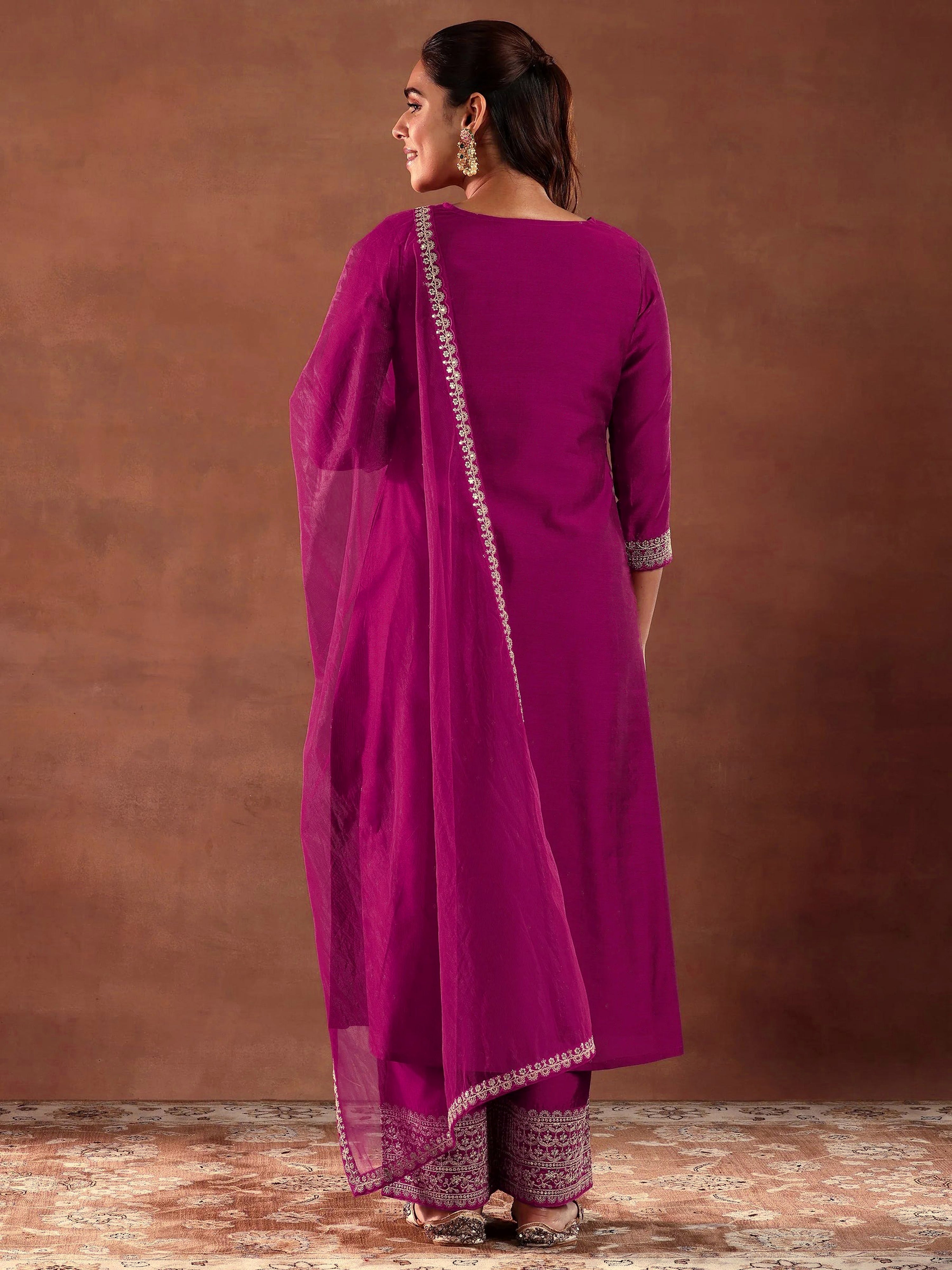 Pink Embroiderey Sequence Work Kurta Pant Dupatta Set For Women