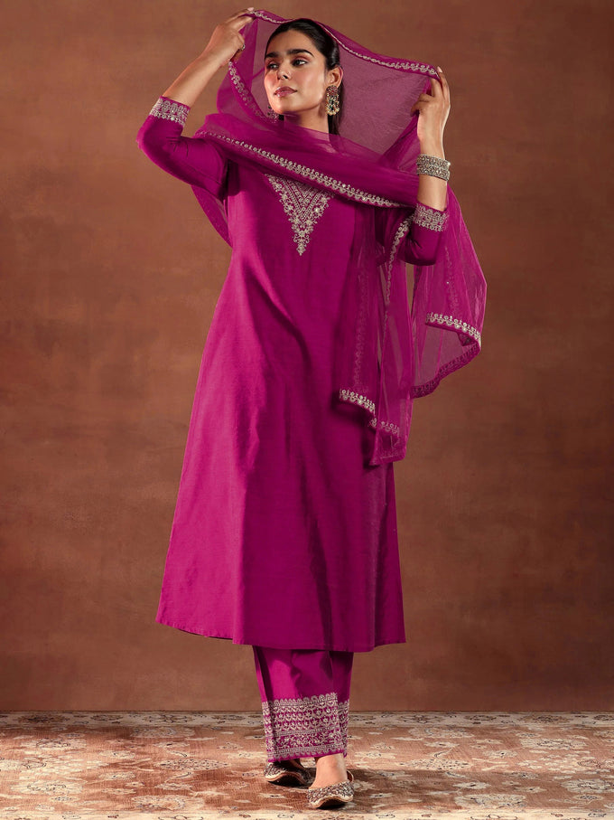 Pink Embroiderey Sequence Work Kurta Pant Dupatta Set For Women