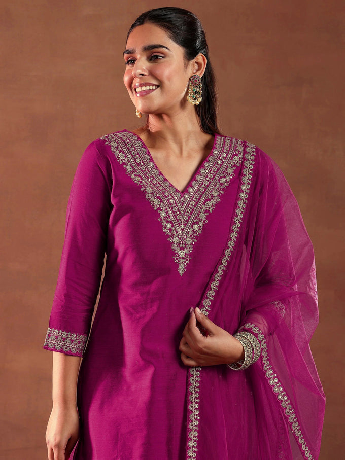 Pink Embroiderey Sequence Work Kurta Pant Dupatta Set For Women