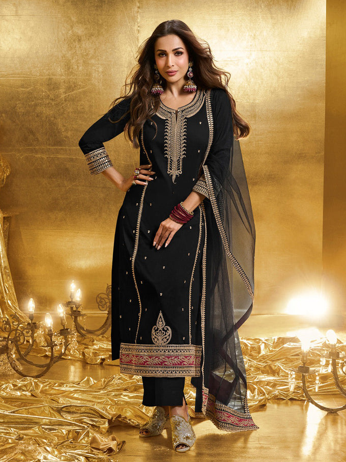 Black Georgette Embroidery Sequence Work Kurta Pant Dupatta For Women