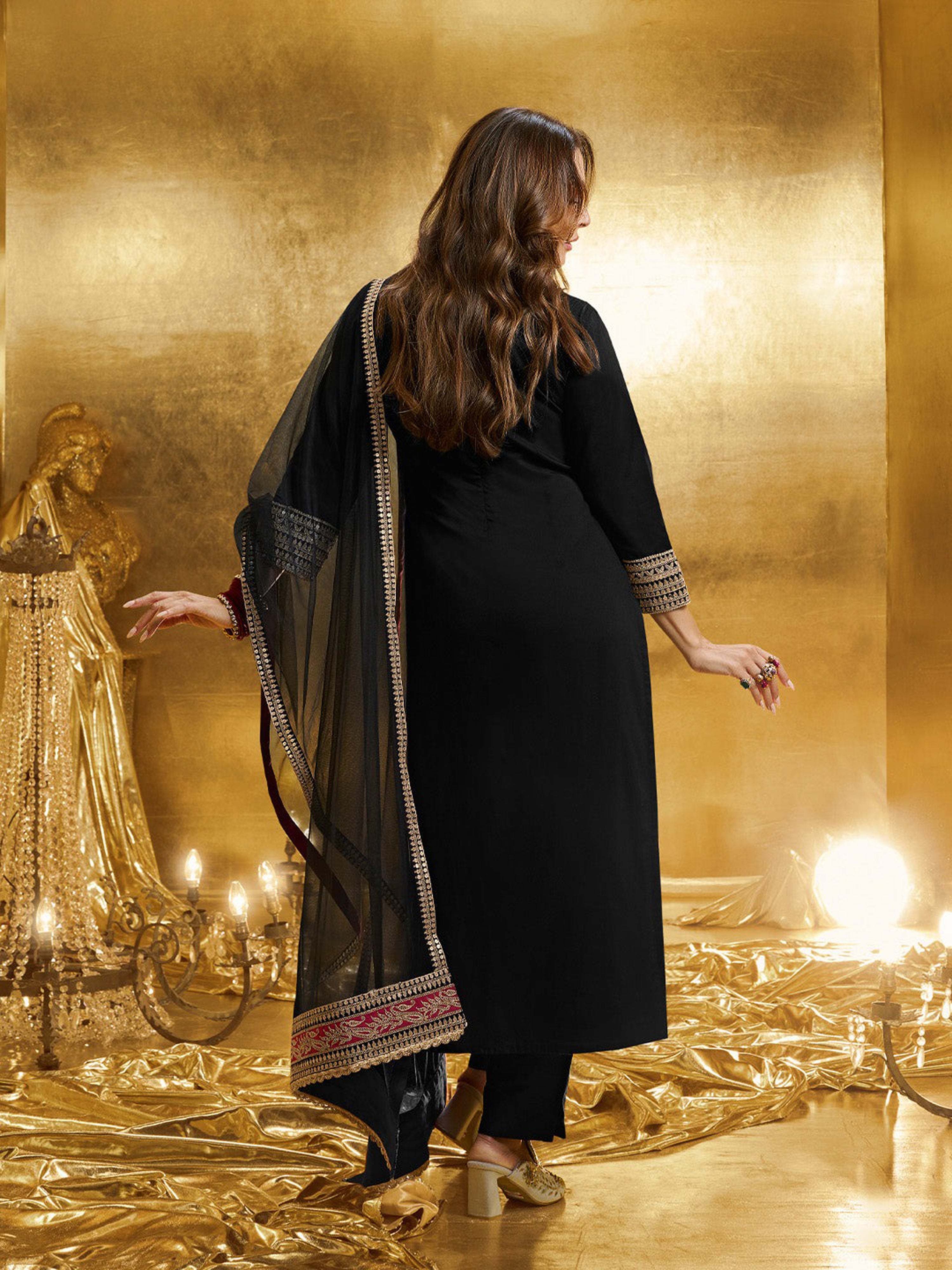 Black Georgette Embroidery Sequence Work Kurta Pant Dupatta For Women