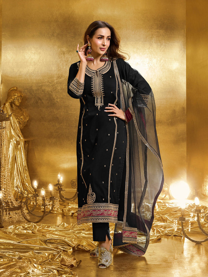Black Georgette Embroidery Sequence Work Kurta Pant Dupatta For Women