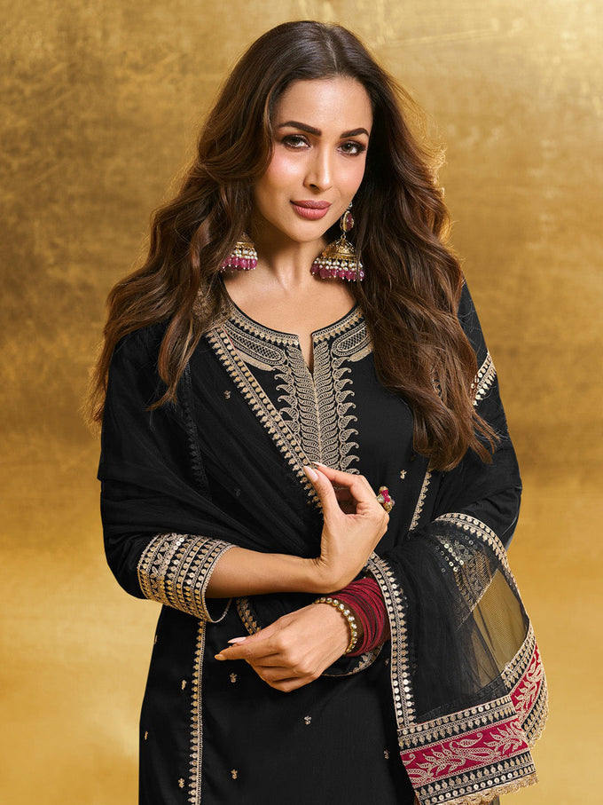 Black Georgette Embroidery Sequence Work Kurta Pant Dupatta For Women