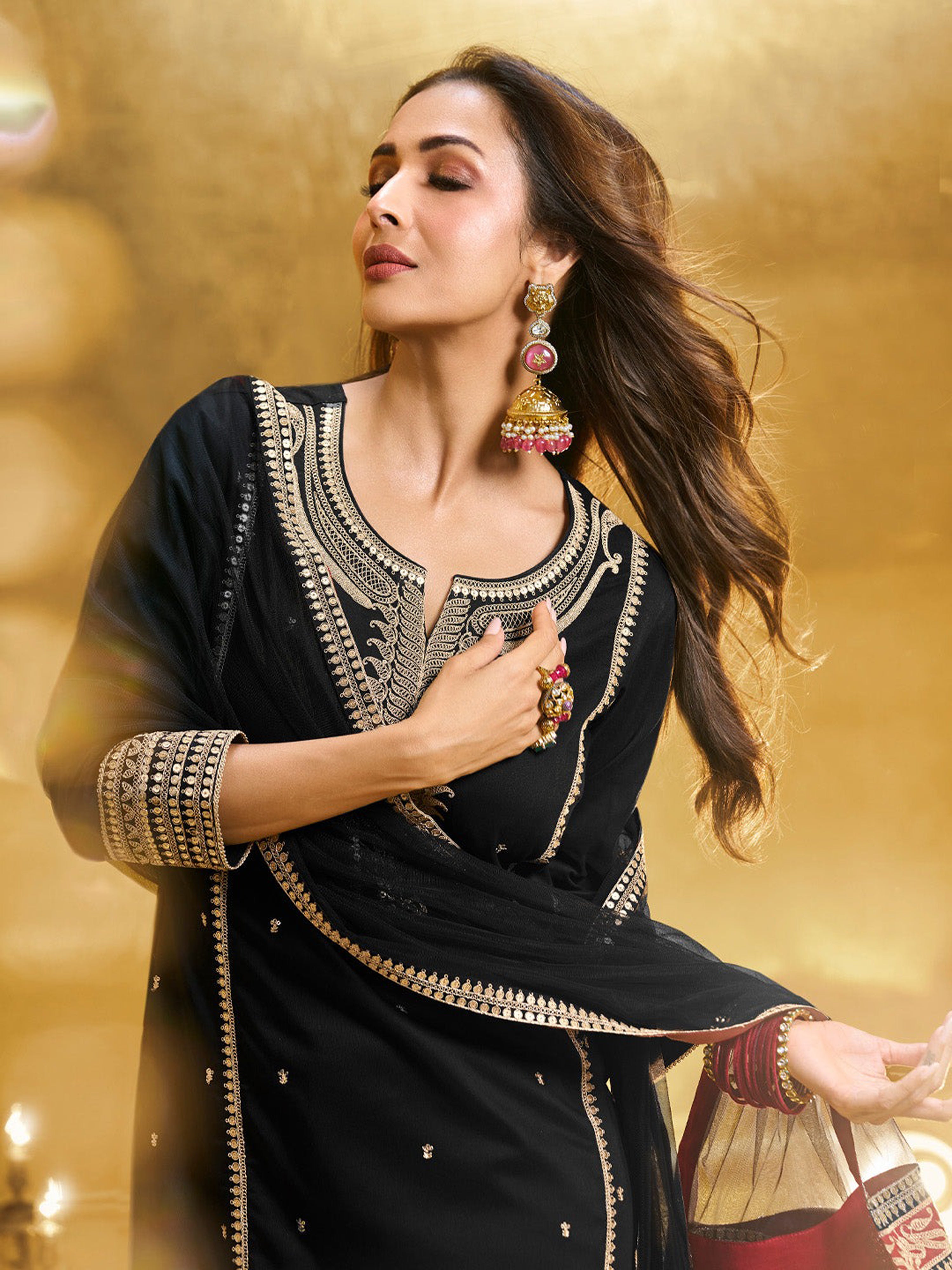 Black Georgette Embroidery Sequence Work Kurta Pant Dupatta For Women