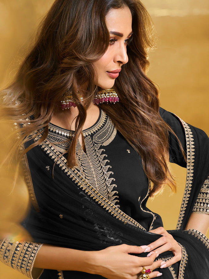 Black Georgette Embroidery Sequence Work Kurta Pant Dupatta For Women