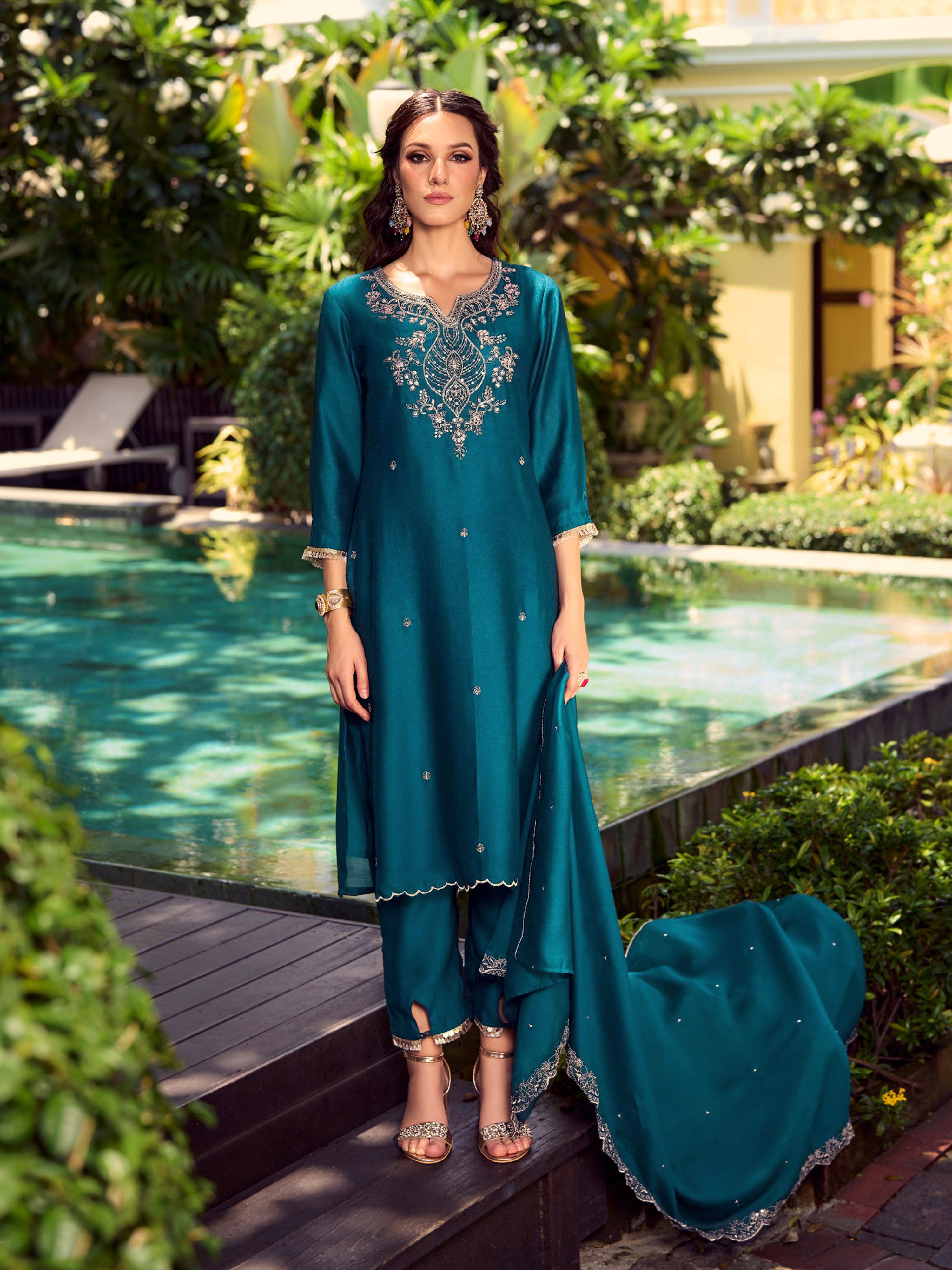 Art Silk Embroidery Work Kurta Pant Set with Dupatta