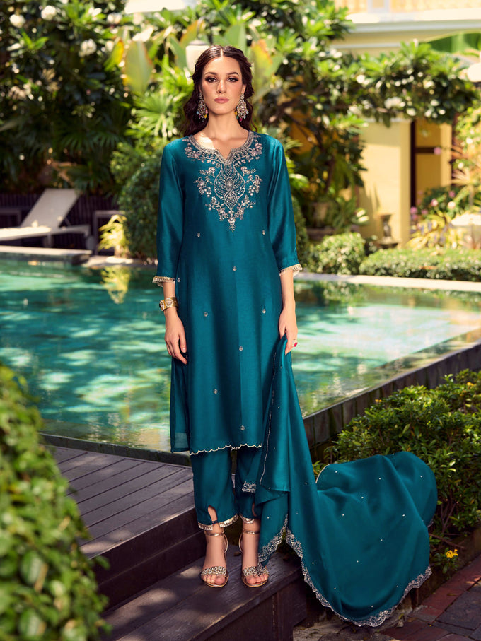 Art Silk Embroidery Work Kurta Pant Set with Dupatta