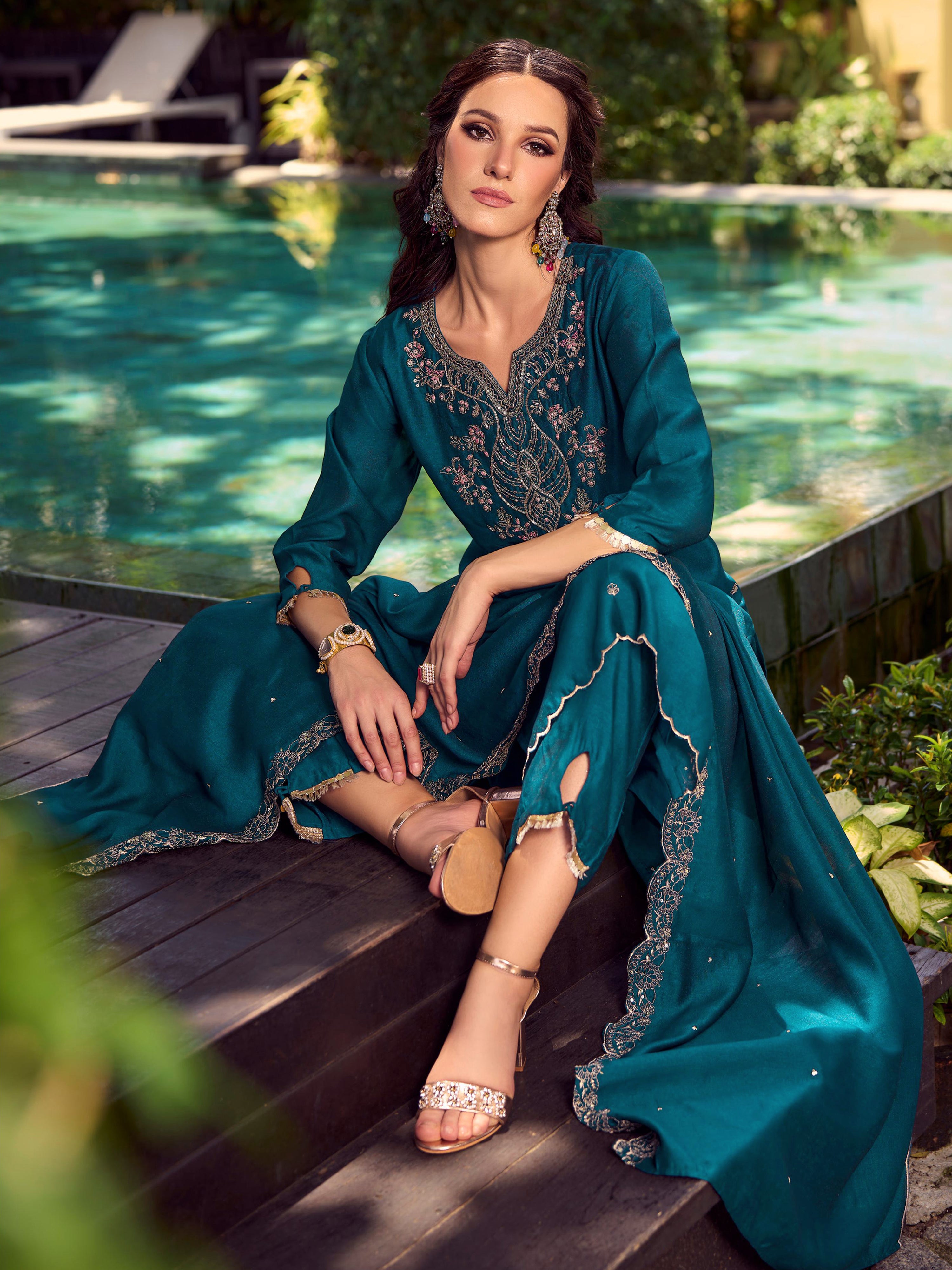 Art Silk Embroidery Work Kurta Pant Set with Dupatta