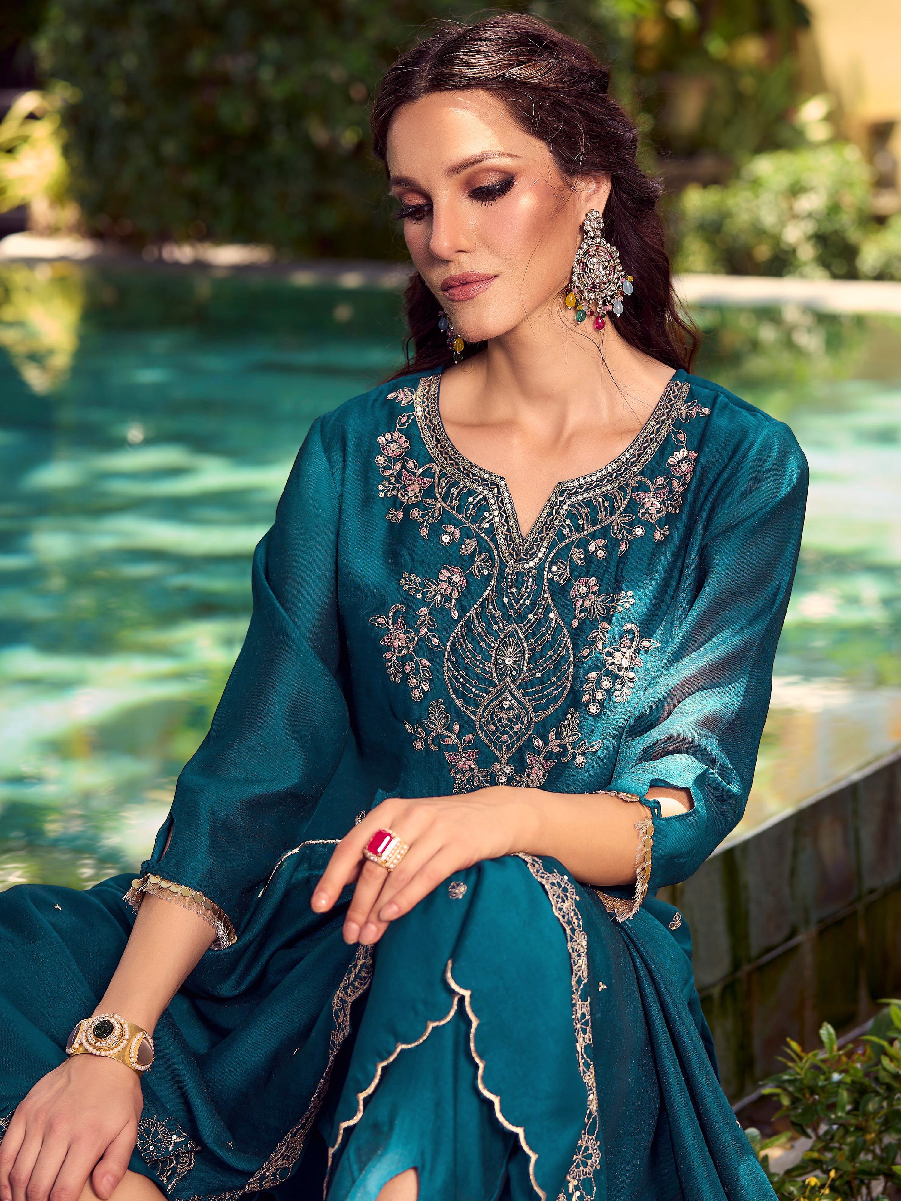 Art Silk Embroidery Work Kurta Pant Set with Dupatta