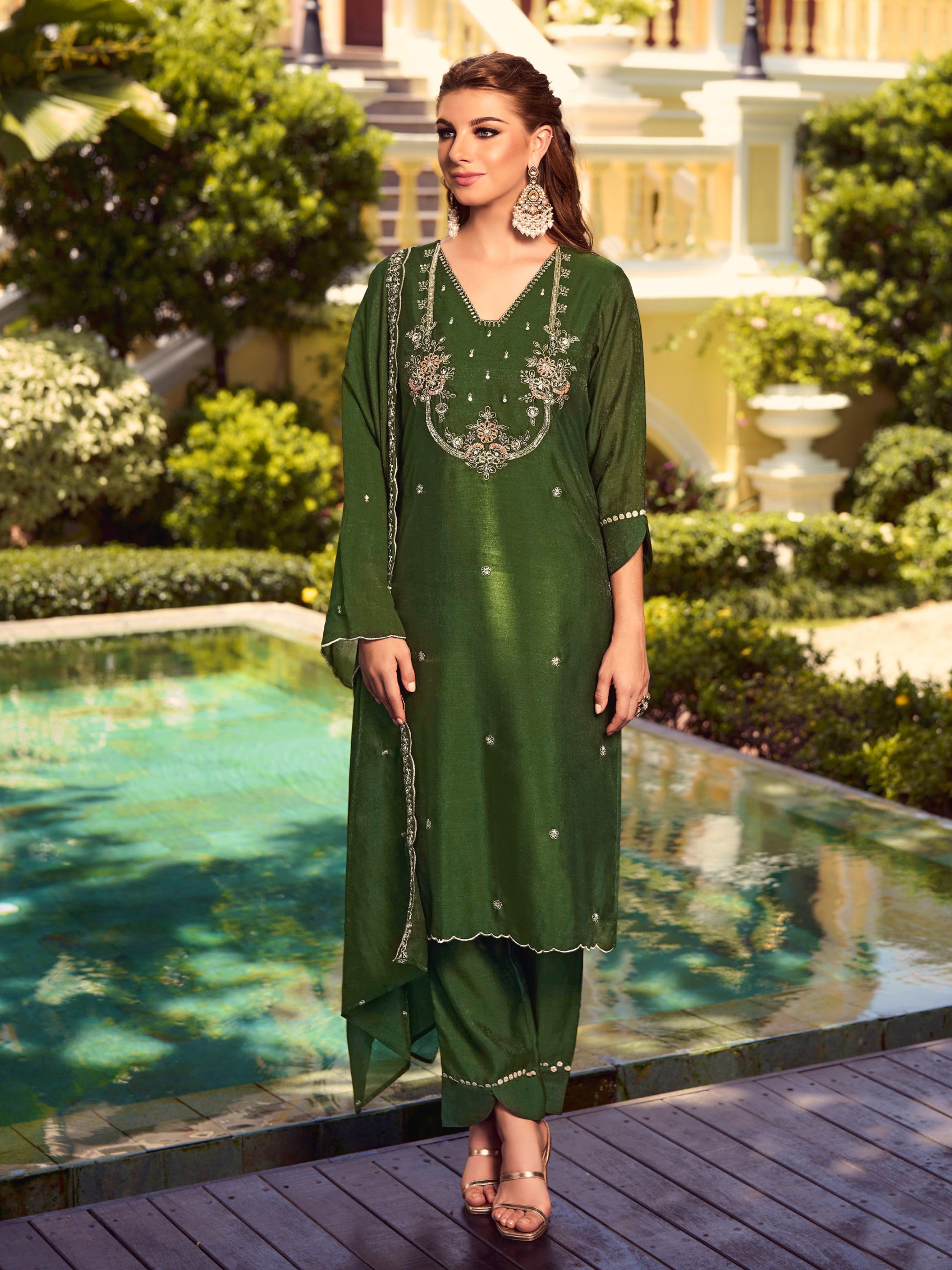 Darkgreen Art Silk Embroidery Work Salwar suit with Dupatta For Women