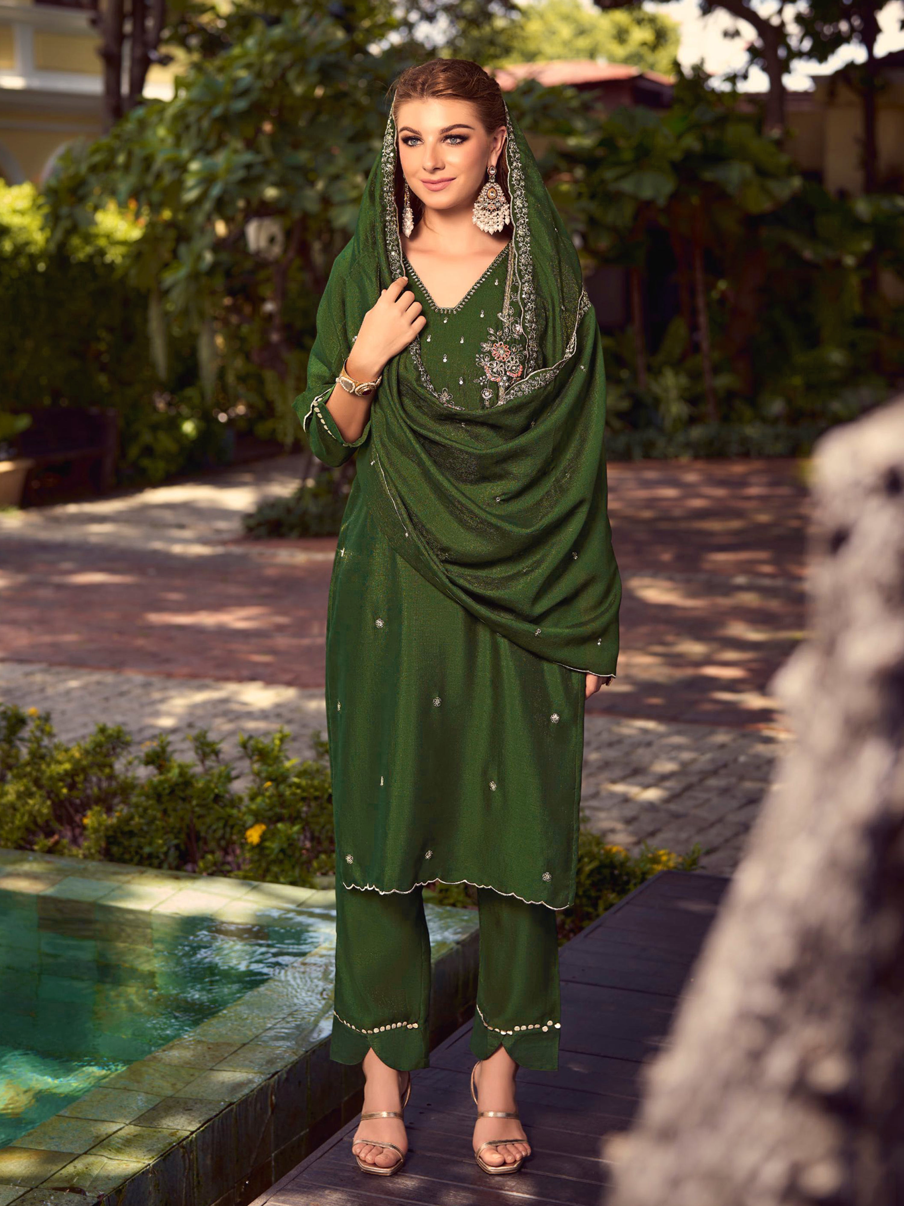 Darkgreen Art Silk Embroidery Work Salwar suit with Dupatta For Women