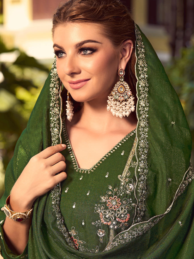 Darkgreen Art Silk Embroidery Work Salwar suit with Dupatta For Women