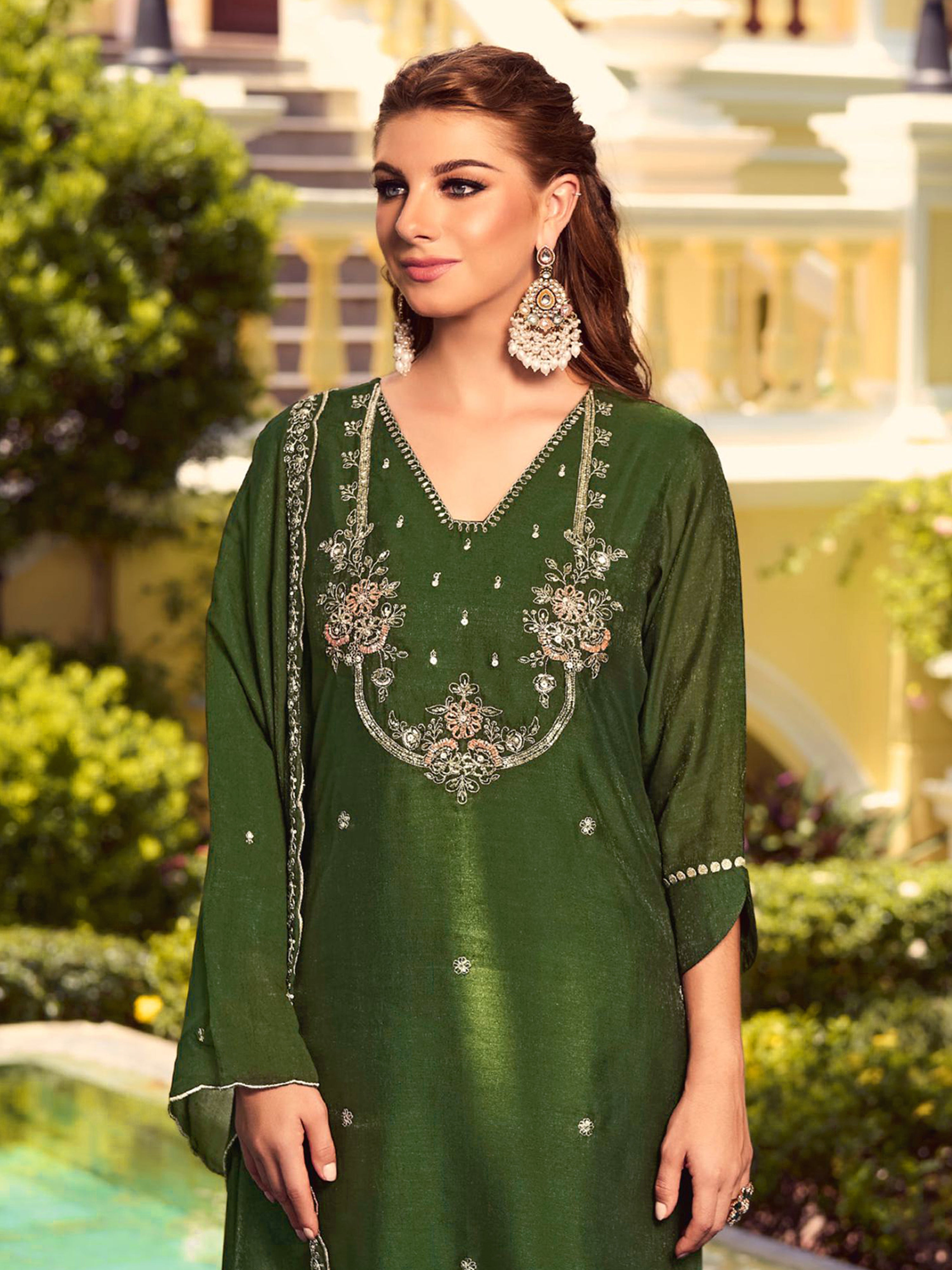 Darkgreen Art Silk Embroidery Work Salwar suit with Dupatta For Women