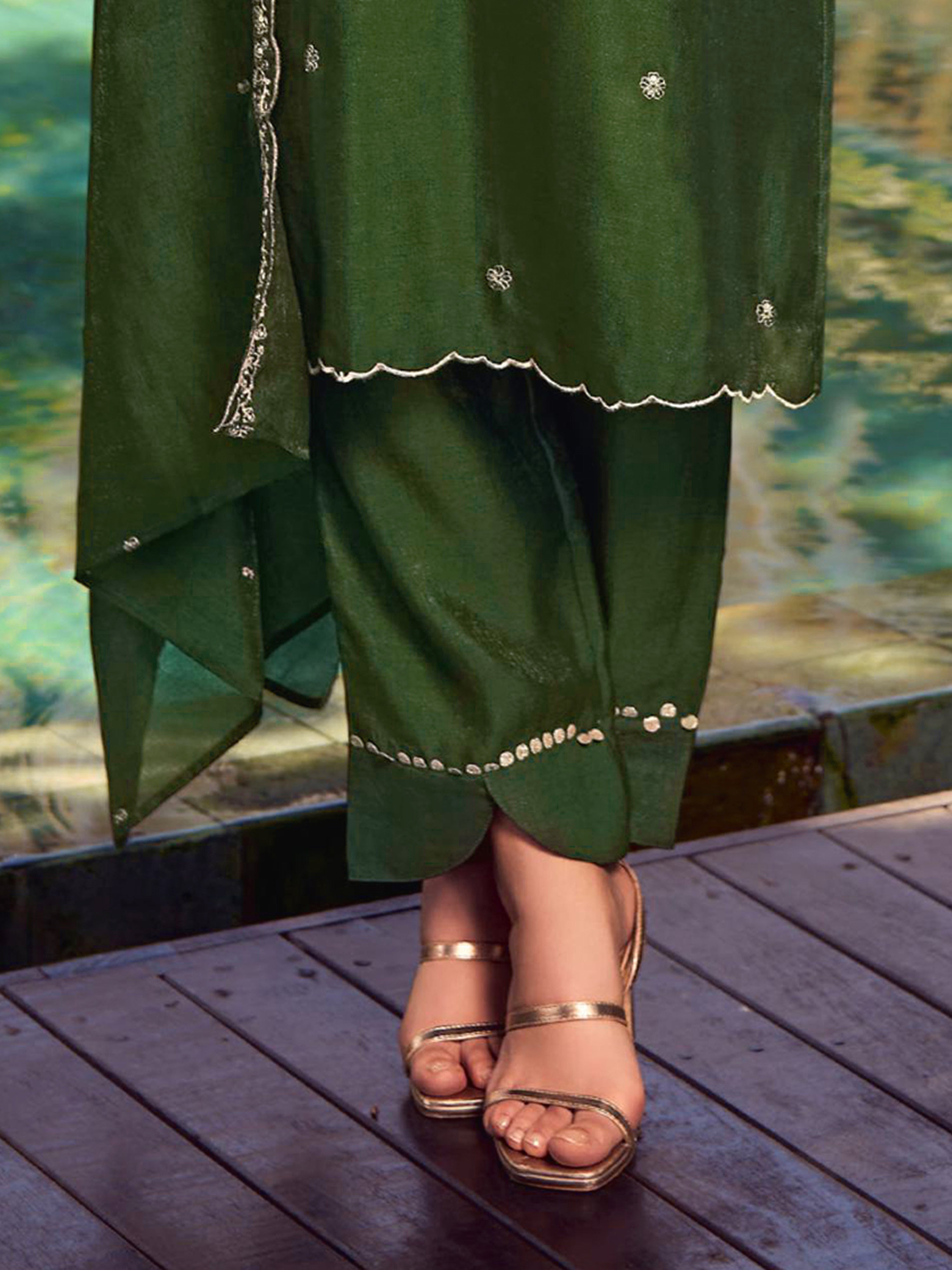 Darkgreen Art Silk Embroidery Work Salwar suit with Dupatta For Women