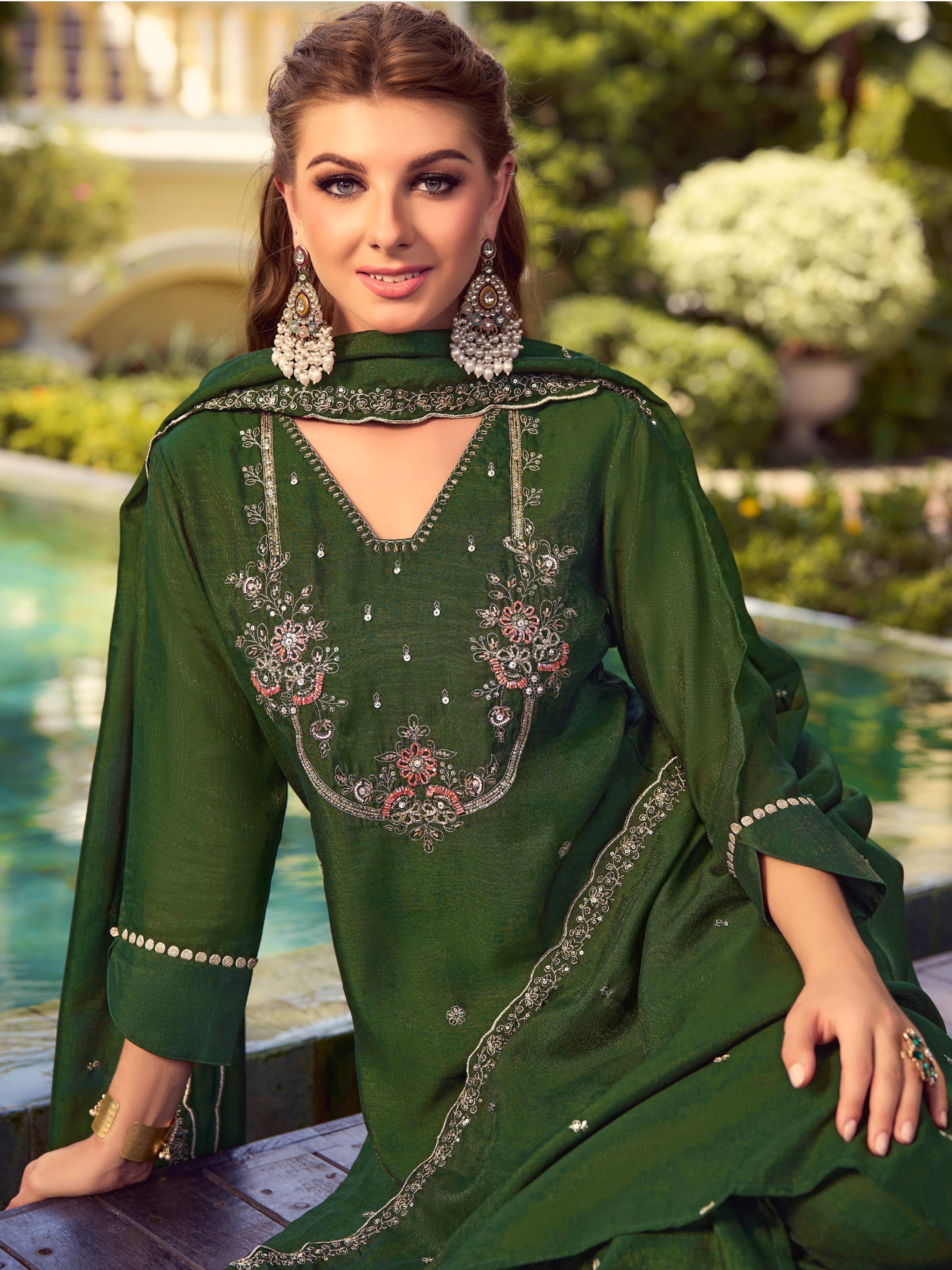 Darkgreen Art Silk Embroidery Work Salwar suit with Dupatta For Women