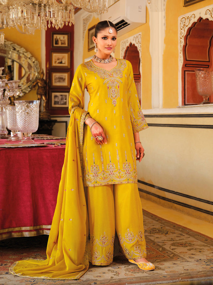 Yellow Art Silk Embroidery Work Kurta Pant Set with Dupatta