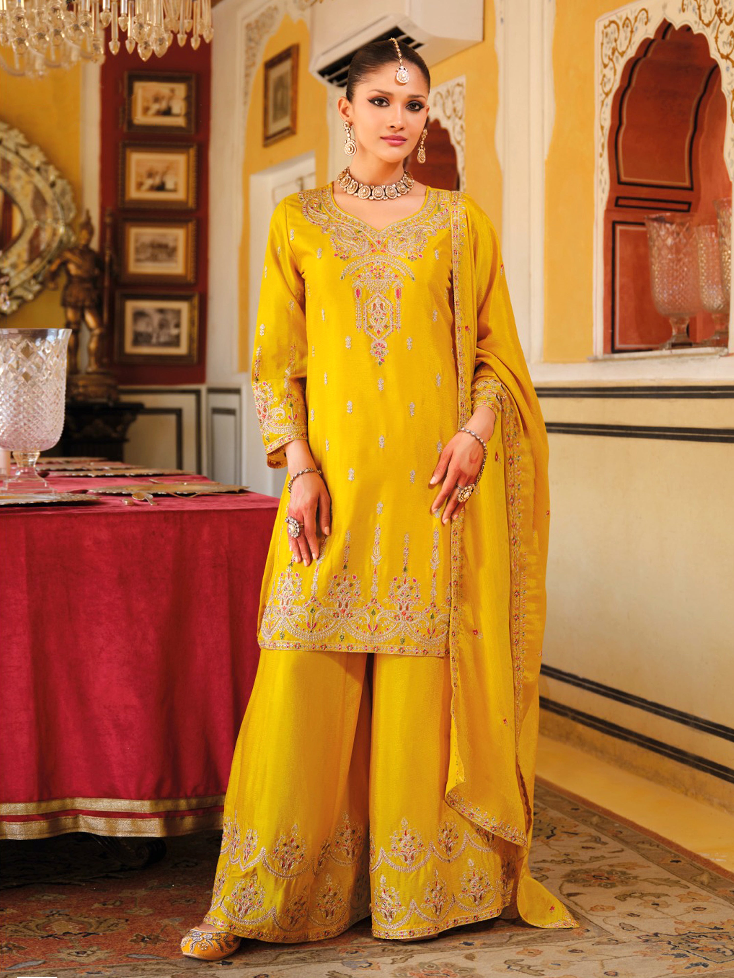 Yellow Art Silk Embroidery Work Kurta Pant Set with Dupatta