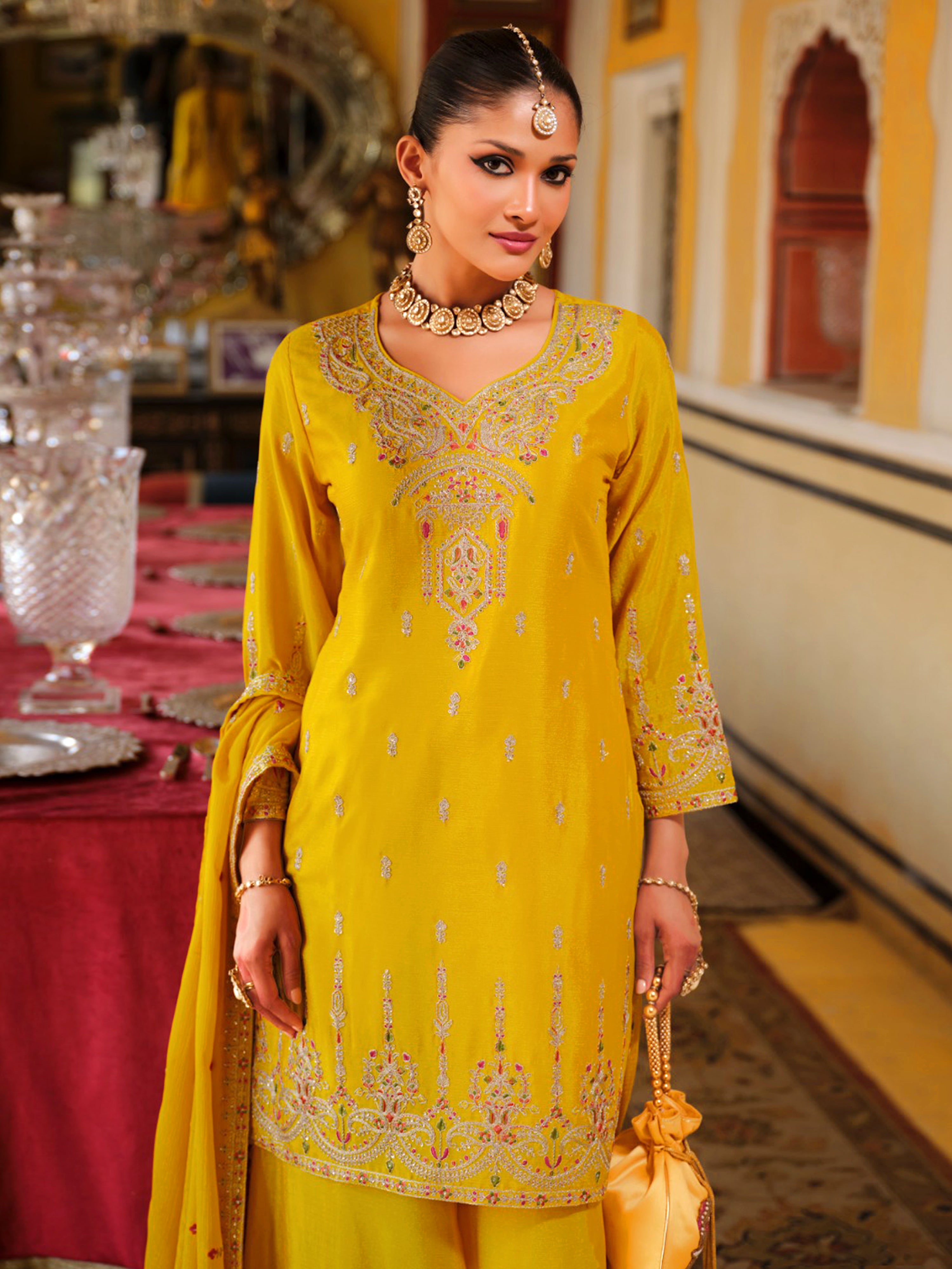 Yellow Art Silk Embroidery Work Kurta Pant Set with Dupatta