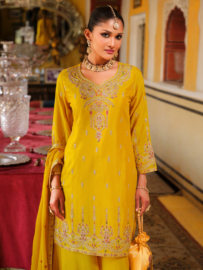 Yellow Art Silk Embroidery Work Kurta Pant Set with Dupatta