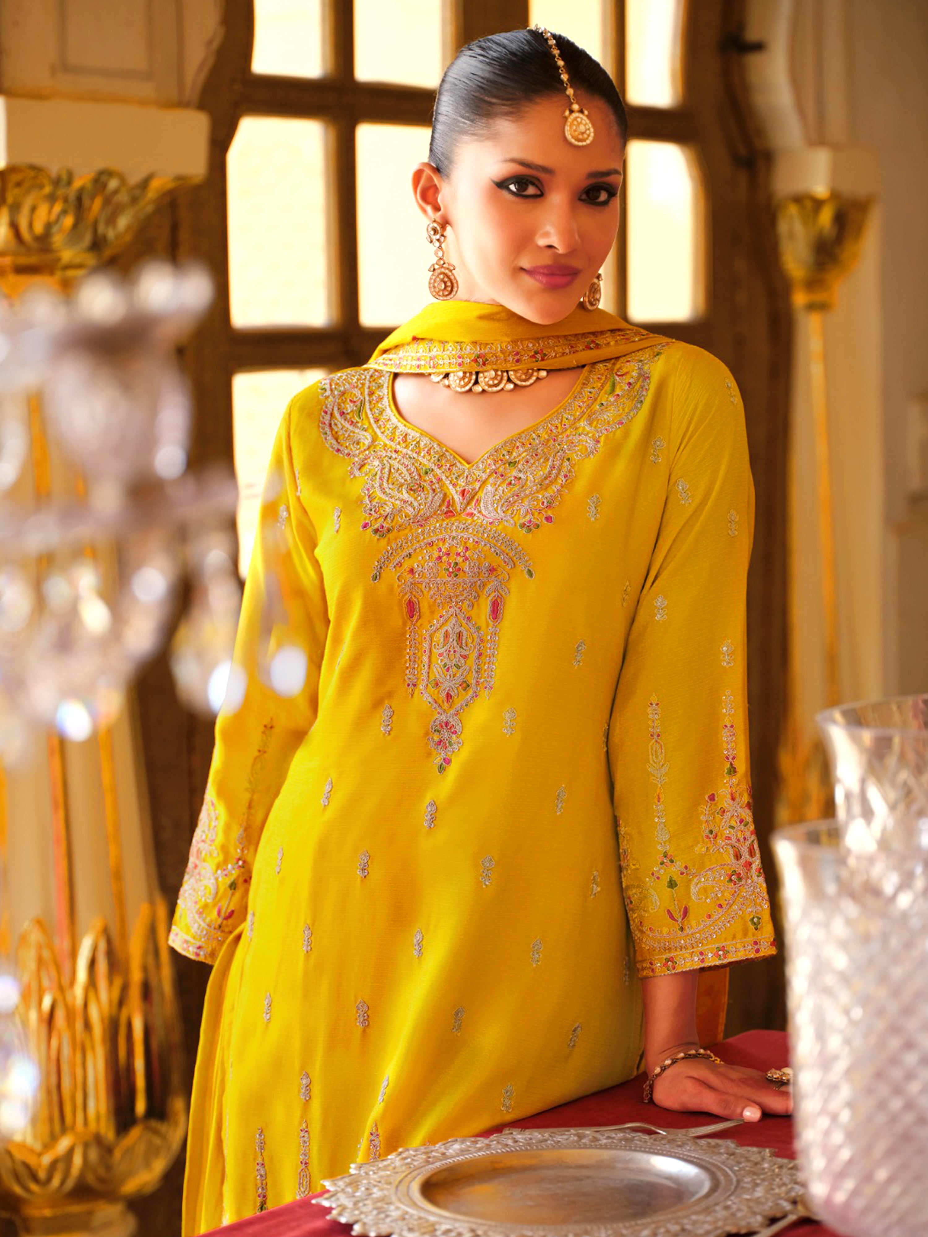 Yellow Art Silk Embroidery Work Kurta Pant Set with Dupatta