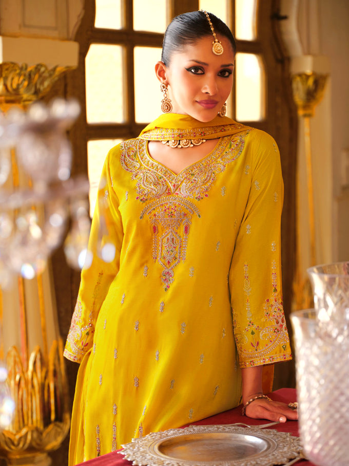 Yellow Art Silk Embroidery Work Kurta Pant Set with Dupatta