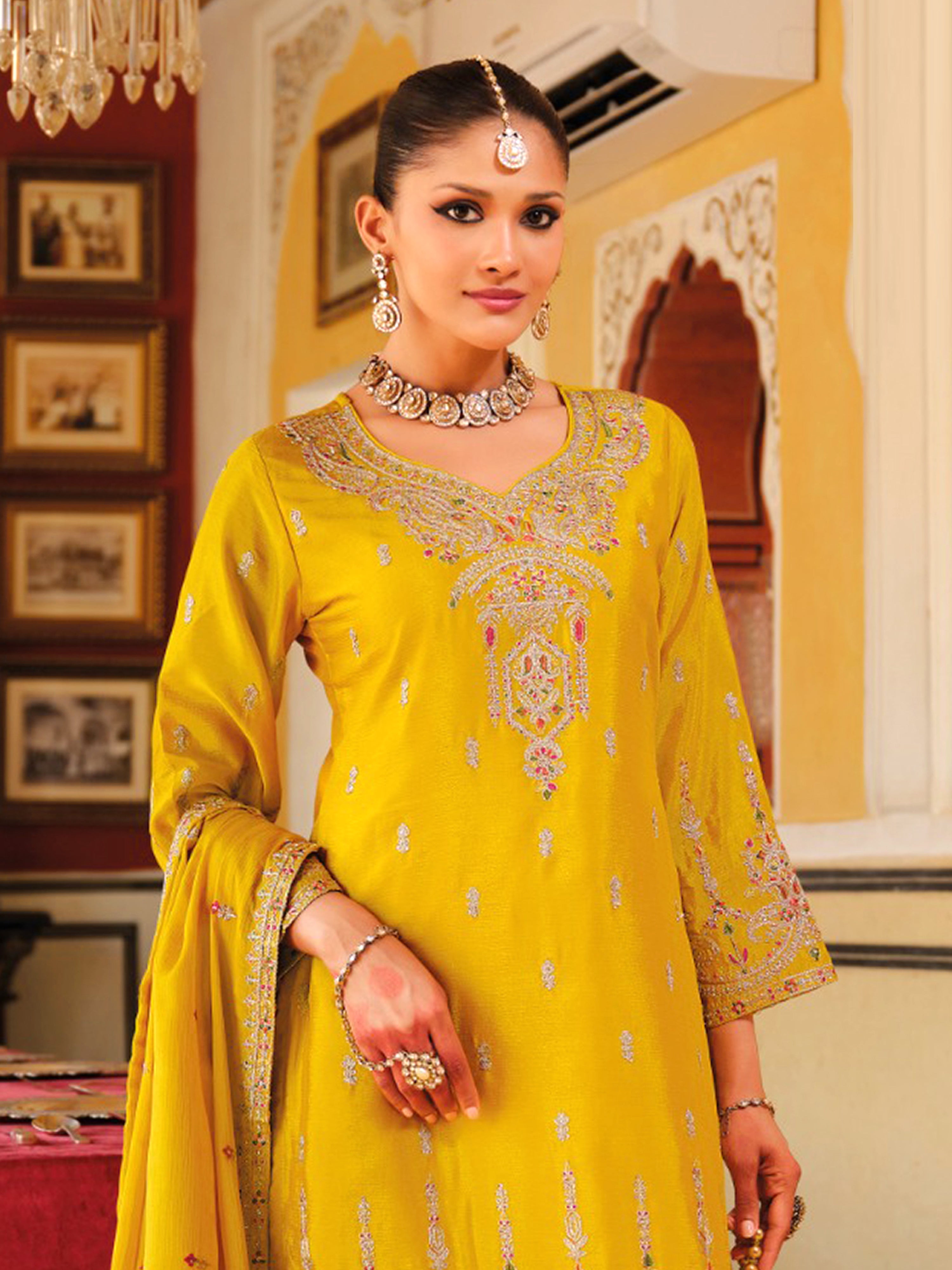 Yellow Art Silk Embroidery Work Kurta Pant Set with Dupatta