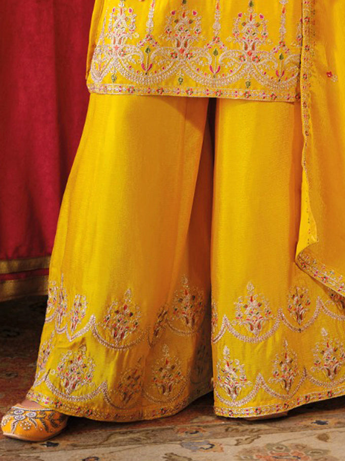 Yellow Art Silk Embroidery Work Kurta Pant Set with Dupatta