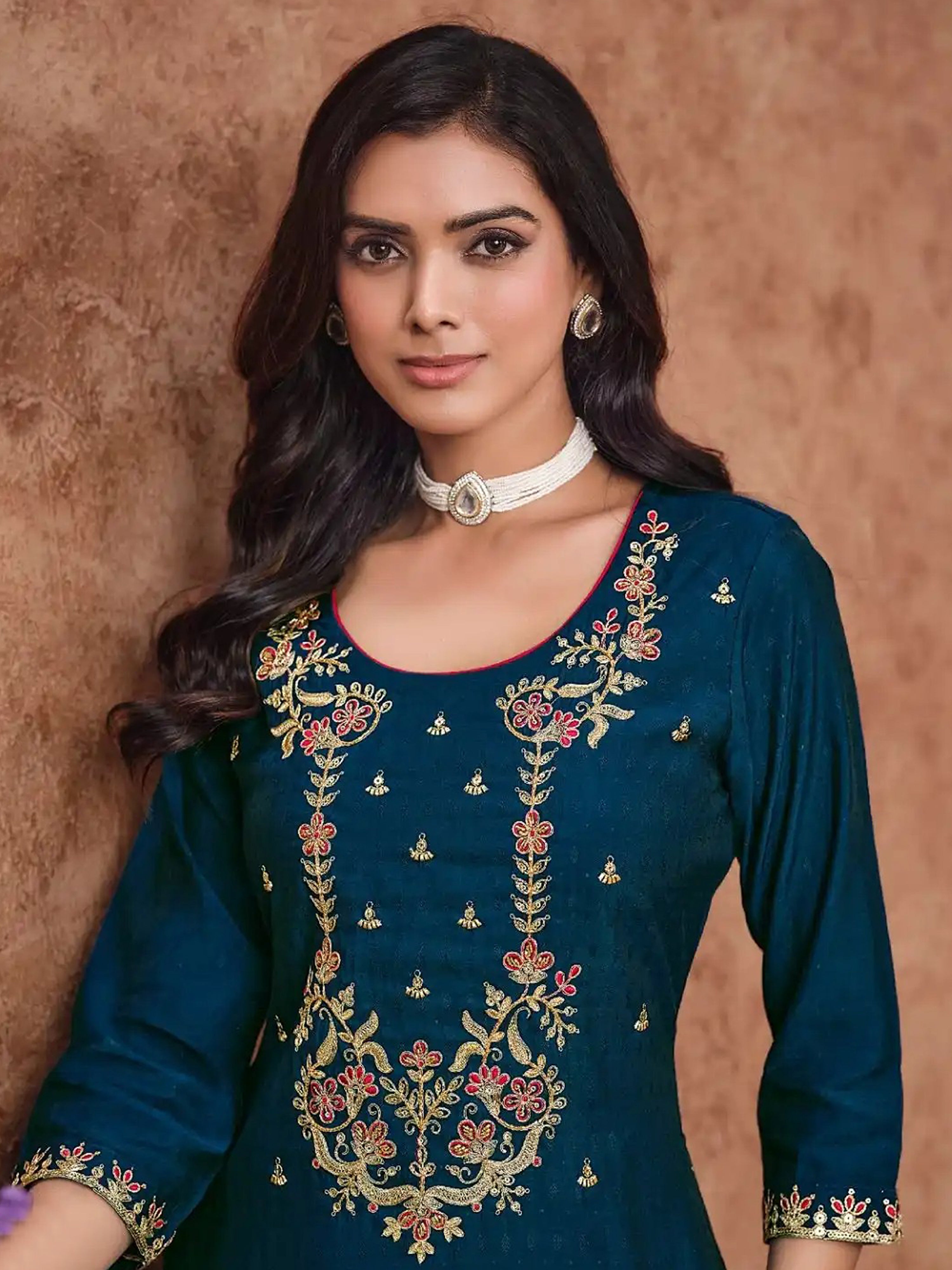 Morpeach Cotton Silk Embroidery Work Salwar Suit Dupatta