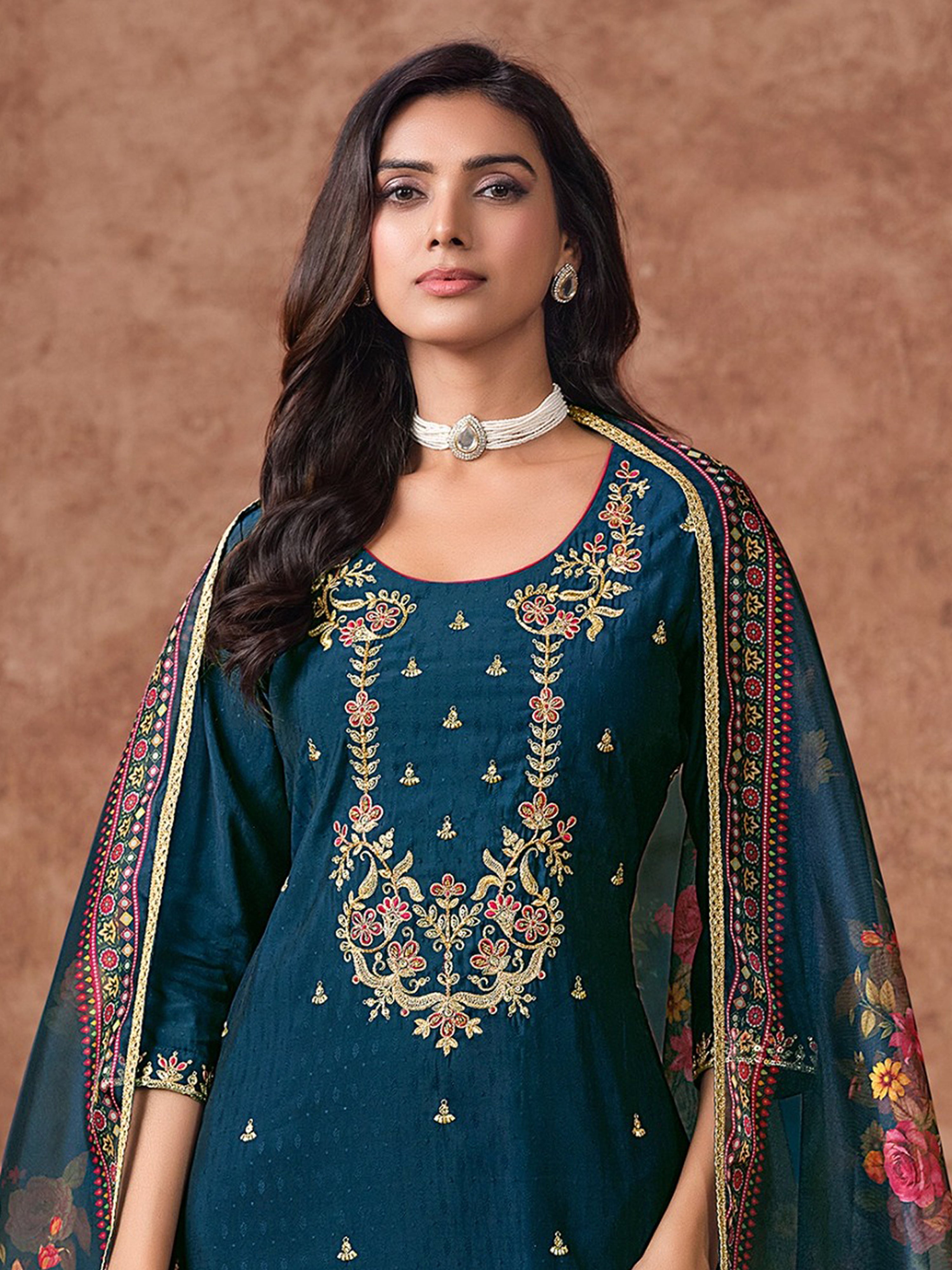 Morpeach Cotton Silk Embroidery Work Salwar Suit Dupatta