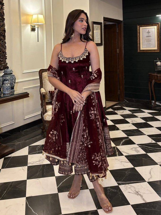 Brown Art Silk Embroidery Work Salwar Suit  with Dupatta For Women
