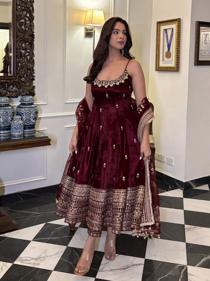 Brown Art Silk Embroidery Work Salwar Suit  with Dupatta For Women
