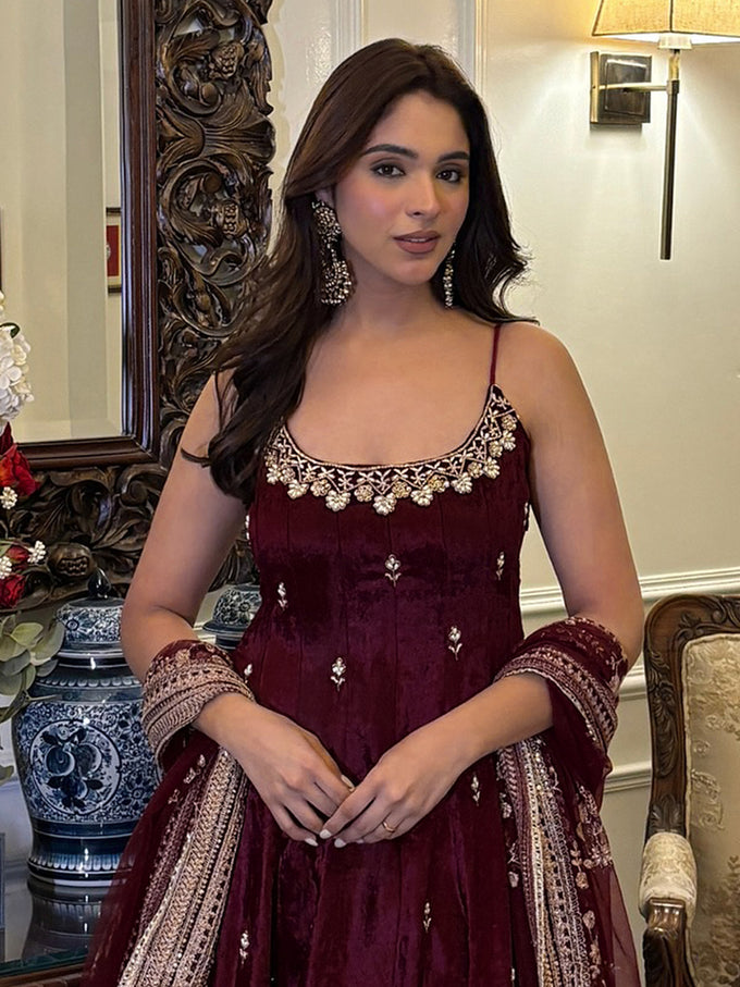 Brown Art Silk Embroidery Work Salwar Suit  with Dupatta For Women